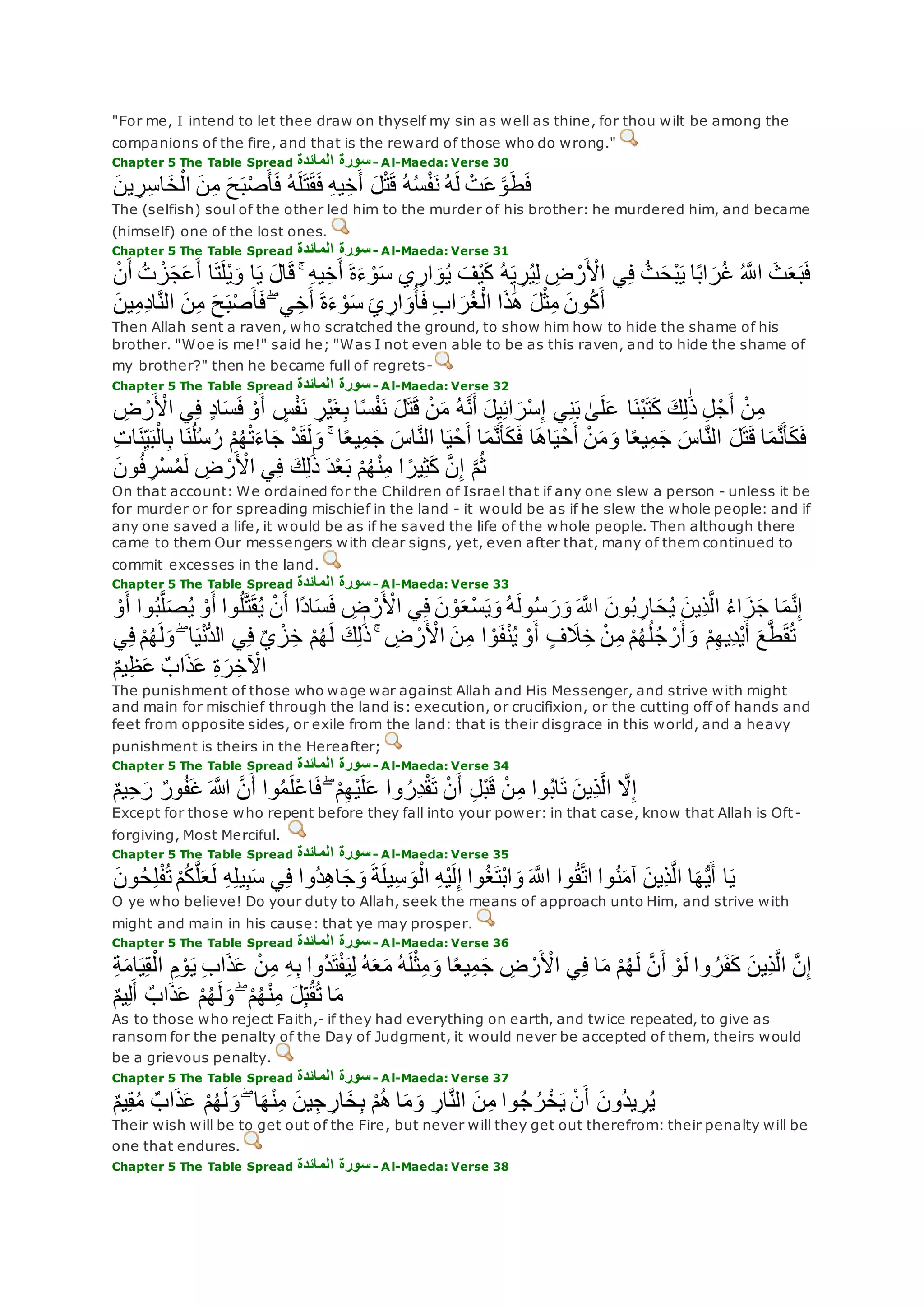 "For me, I intend to let thee draw on thyself my sin as well as thine, for thou wilt be among the
companions of the fire, and that is the reward of those who do wrong."
Chapter 5 The Table Spread ‫المائدة‬ ‫سورة‬- Al-Maeda: Verse 30
ُ‫ه‬‫ل‬‫ت‬‫ق‬‫ف‬ ِ‫ه‬‫ي‬ِ‫خ‬‫أ‬ ‫ل‬ْ‫ت‬‫ق‬ ُ‫ه‬ُ‫س‬ْ‫ف‬‫ن‬ ُ‫ه‬‫ل‬ ْ‫ت‬‫ع‬ ‫ه‬‫و‬‫ط‬‫ف‬‫ين‬ ِ‫ر‬ِ‫س‬‫ا‬‫خ‬ْ‫ال‬ ‫ن‬ِ‫م‬ ‫ح‬‫ب‬ْ‫ص‬‫أ‬‫ف‬
The (selfish) soul of the other led him to the murder of his brother: he murdered him, and became
(himself) one of the lost ones.
Chapter 5 The Table Spread ‫المائدة‬ ‫سورة‬- Al-Maeda: Verse 31
ُ‫ت‬ ْ‫ز‬‫ج‬‫ع‬‫أ‬ ‫ا‬‫ت‬‫ْل‬‫ي‬‫و‬ ‫ا‬‫ي‬ ‫ال‬‫ق‬ ۚ ِ‫ه‬‫ي‬ِ‫خ‬‫أ‬ ‫ة‬‫ء‬ ْ‫و‬‫س‬ ‫ي‬ ِ‫ار‬‫و‬ُ‫ي‬ ‫ْف‬‫ي‬‫ك‬ ُ‫ه‬‫ي‬ ِ‫ر‬ُ‫ي‬ِ‫ل‬ ِ‫ض‬ ْ‫ر‬ ْ‫اْل‬ ‫ي‬ِ‫ف‬ ُ‫ث‬‫ْح‬‫ب‬‫ي‬ ‫ا‬ً‫ب‬‫ا‬‫ر‬ُ‫غ‬ ُ ‫ه‬‫اَّلل‬ ‫ث‬‫ع‬‫ب‬‫ف‬ْ‫ن‬‫أ‬
‫ين‬ِ‫م‬ِ‫د‬‫ا‬‫ه‬‫ن‬‫ال‬ ‫ن‬ِ‫م‬ ‫ح‬‫ب‬ْ‫ص‬‫أ‬‫ف‬ ۖ ‫ي‬ِ‫خ‬‫أ‬ ‫ة‬‫ء‬ ْ‫و‬‫س‬ ‫ي‬ ِ‫ار‬‫و‬ُ‫أ‬‫ف‬ ِ‫ب‬‫ا‬‫ر‬ُ‫غ‬ْ‫ال‬ ‫ا‬‫ذ‬َٰ‫ه‬ ‫ل‬ْ‫ث‬ِ‫م‬ ‫ون‬ُ‫ك‬‫أ‬
Then Allah sent a raven, who scratched the ground, to show him how to hide the shame of his
brother. "Woe is me!" said he; "Was I not even able to be as this raven, and to hide the shame of
my brother?" then he became full of regrets-
Chapter 5 The Table Spread ‫المائدة‬ ‫سورة‬- Al-Maeda: Verse 32
ِ‫ض‬ ْ‫ر‬ ْ‫اْل‬ ‫ي‬ِ‫ف‬ ٍ‫د‬‫ا‬‫س‬‫ف‬ ْ‫و‬‫أ‬ ٍ‫س‬ْ‫ف‬‫ن‬ ِ‫ْر‬‫ي‬‫غ‬ِ‫ب‬ ‫ا‬ً‫س‬ْ‫ف‬‫ن‬ ‫ل‬‫ت‬‫ق‬ ْ‫ن‬‫م‬ ُ‫ه‬‫ه‬‫ن‬‫أ‬ ‫يل‬ِ‫ئ‬‫ا‬‫ْر‬‫س‬ِ‫إ‬ ‫ي‬ِ‫ن‬‫ب‬ َٰ‫ى‬‫ل‬‫ع‬ ‫ا‬‫ْن‬‫ب‬‫ت‬‫ك‬ ‫ك‬ِ‫ل‬َٰ‫ذ‬ ِ‫ل‬ْ‫ج‬‫أ‬ ْ‫ن‬ِ‫م‬
‫ل‬‫ت‬‫ق‬ ‫ا‬‫م‬‫ه‬‫ن‬‫أ‬‫ك‬‫ف‬ِ‫ت‬‫ا‬‫ن‬ِ‫ي‬‫ب‬ْ‫ال‬ِ‫ب‬ ‫ا‬‫ن‬ُ‫ل‬ُ‫س‬ُ‫ر‬ ْ‫م‬ُ‫ه‬ْ‫ت‬‫اء‬‫ج‬ ْ‫د‬‫ق‬‫ل‬‫و‬ ۚ ‫ا‬ً‫ع‬‫ي‬ِ‫م‬‫ج‬ ‫اس‬‫ه‬‫ن‬‫ال‬ ‫ا‬‫ي‬ْ‫ح‬‫أ‬ ‫ا‬‫م‬‫ه‬‫ن‬‫أ‬‫ك‬‫ف‬ ‫ا‬‫اه‬‫ي‬ْ‫ح‬‫أ‬ ْ‫ن‬‫م‬‫و‬ ‫ا‬ً‫ع‬‫ي‬ِ‫م‬‫ج‬ ‫اس‬‫ه‬‫ن‬‫ال‬
‫ون‬ُ‫ف‬ ِ‫ْر‬‫س‬ُ‫م‬‫ل‬ ِ‫ض‬ ْ‫ر‬ ْ‫اْل‬ ‫ي‬ِ‫ف‬ ‫ك‬ِ‫ل‬َٰ‫ذ‬ ‫د‬ْ‫ع‬‫ب‬ ْ‫م‬ُ‫ه‬ْ‫ن‬ِ‫م‬ ‫ا‬ ً‫ير‬ِ‫ث‬‫ك‬ ‫ه‬‫ن‬ِ‫إ‬ ‫ه‬‫م‬ُ‫ث‬
On that account: We ordained for the Children of Israel that if any one slew a person - unless it be
for murder or for spreading mischief in the land - it would be as if he slew the whole people: and if
any one saved a life, it would be as if he saved the life of the whole people. Then although there
came to them Our messengers with clear signs, yet, even after that, many of them continued to
commit excesses in the land.
Chapter 5 The Table Spread ‫المائدة‬ ‫سورة‬- Al-Maeda: Verse 33
‫ِين‬‫ذ‬‫ه‬‫ل‬‫ا‬ ُ‫ء‬‫ا‬‫ز‬‫ج‬ ‫ا‬‫م‬‫ه‬‫ن‬ِ‫إ‬ْ‫و‬‫أ‬ ‫وا‬ُ‫ب‬‫ه‬‫ل‬‫ص‬ُ‫ي‬ ْ‫و‬‫أ‬ ‫وا‬ُ‫ل‬‫ه‬‫ت‬‫ق‬ُ‫ي‬ ْ‫ن‬‫أ‬ ‫ًا‬‫د‬‫ا‬‫س‬‫ف‬ ِ‫ض‬ ْ‫ر‬ ْ‫اْل‬ ‫ي‬ِ‫ف‬ ‫ن‬ ْ‫و‬‫ْع‬‫س‬‫ي‬‫و‬ ُ‫ه‬‫ول‬ُ‫س‬‫ر‬‫و‬ ‫ه‬‫اَّلل‬ ‫ون‬ُ‫ب‬ ِ‫ار‬‫ح‬ُ‫ي‬
‫ل‬‫و‬ ۖ ‫ا‬‫ي‬ْ‫ن‬ُّ‫د‬‫ال‬ ‫ي‬ِ‫ف‬ ٌ‫ي‬ ْ‫ز‬ِ‫خ‬ ْ‫م‬ُ‫ه‬‫ل‬ ‫ك‬ِ‫ل‬َٰ‫ذ‬ ۚ ِ‫ض‬ ْ‫ر‬ ْ‫اْل‬ ‫ن‬ِ‫م‬ ‫ا‬ ْ‫و‬‫ف‬ْ‫ن‬ُ‫ي‬ ْ‫و‬‫أ‬ ٍ‫ف‬‫َل‬ِ‫خ‬ ْ‫ن‬ِ‫م‬ ْ‫م‬ُ‫ه‬ُ‫ل‬ُ‫ج‬ ْ‫ر‬‫أ‬‫و‬ ْ‫م‬ِ‫ه‬‫ِي‬‫د‬ْ‫ي‬‫أ‬ ‫ع‬‫ه‬‫ط‬‫ق‬ُ‫ت‬‫ي‬ِ‫ف‬ ْ‫م‬ُ‫ه‬
‫ذ‬‫ع‬ ِ‫ة‬‫ر‬ِ‫خ‬ ْ‫اْل‬ٌ‫م‬‫ي‬ِ‫ظ‬‫ع‬ ٌ‫اب‬
The punishment of those who wage war against Allah and His Messenger, and strive with might
and main for mischief through the land is: execution, or crucifixion, or the cutting off of hands and
feet from opposite sides, or exile from the land: that is their disgrace in this world, and a heavy
punishment is theirs in the Hereafter;
Chapter 5 The Table Spread ‫المائدة‬ ‫سورة‬- Al-Maeda: Verse 34
‫وا‬ ُ‫ِر‬‫د‬ْ‫ق‬‫ت‬ ْ‫ن‬‫أ‬ ِ‫ل‬ْ‫ب‬‫ق‬ ْ‫ن‬ِ‫م‬ ‫وا‬ُ‫ب‬‫ا‬‫ت‬ ‫ِين‬‫ذ‬‫ه‬‫ل‬‫ا‬ ‫ه‬‫َل‬ِ‫إ‬ٌ‫م‬‫ي‬ِ‫ح‬‫ر‬ ٌ‫ر‬‫و‬ُ‫ف‬‫غ‬ ‫اَّلله‬ ‫ه‬‫ن‬‫أ‬ ‫وا‬ُ‫م‬‫ْل‬‫ع‬‫ا‬‫ف‬ ۖ ْ‫م‬ِ‫ه‬ْ‫ي‬‫ل‬‫ع‬
Except for those who repent before they fall into your power: in that case, know that Allah is Oft-
forgiving, Most Merciful.
Chapter 5 The Table Spread ‫المائدة‬ ‫سورة‬- Al-Maeda: Verse 35
ِ‫ل‬ْ‫ف‬ُ‫ت‬ ْ‫م‬ُ‫ك‬‫ه‬‫ل‬‫ع‬‫ل‬ ِ‫ه‬ِ‫ل‬‫ي‬ِ‫ب‬‫س‬ ‫ي‬ِ‫ف‬ ‫ُوا‬‫د‬ِ‫ه‬‫ا‬‫ج‬‫و‬ ‫ة‬‫يل‬ِ‫س‬‫و‬ْ‫ال‬ ِ‫ه‬ْ‫ي‬‫ل‬ِ‫إ‬ ‫وا‬ُ‫غ‬‫ْت‬‫ب‬‫ا‬‫و‬ ‫ه‬‫اَّلل‬ ‫وا‬ُ‫ق‬‫ه‬‫ت‬‫ا‬ ‫وا‬ُ‫ن‬‫آم‬ ‫ِين‬‫ذ‬‫ه‬‫ل‬‫ا‬ ‫ا‬‫ه‬ُّ‫ي‬‫أ‬ ‫ا‬‫ي‬‫ون‬ُ‫ح‬
O ye who believe! Do your duty to Allah, seek the means of approach unto Him, and strive with
might and main in his cause: that ye may prosper.
Chapter 5 The Table Spread ‫المائدة‬ ‫سورة‬- Al-Maeda: Verse 36
‫ي‬ِ‫ف‬ ‫ا‬‫م‬ ْ‫م‬ُ‫ه‬‫ل‬ ‫ه‬‫ن‬‫أ‬ ْ‫و‬‫ل‬ ‫وا‬ ُ‫ر‬‫ف‬‫ك‬ ‫ِين‬‫ذ‬‫ه‬‫ل‬‫ا‬ ‫ه‬‫ن‬ِ‫إ‬ِ‫ة‬‫ام‬‫ي‬ِ‫ق‬ْ‫ال‬ ِ‫م‬ ْ‫و‬‫ي‬ ِ‫ب‬‫ا‬‫ذ‬‫ع‬ ْ‫ن‬ِ‫م‬ ِ‫ه‬ِ‫ب‬ ‫ُوا‬‫د‬‫ت‬ْ‫ف‬‫ي‬ِ‫ل‬ ُ‫ه‬‫ع‬‫م‬ ُ‫ه‬‫ل‬ْ‫ث‬ِ‫م‬‫و‬ ‫ا‬ً‫ع‬‫ي‬ِ‫م‬‫ج‬ ِ‫ض‬ ْ‫ر‬ ْ‫اْل‬
ٌ‫م‬‫ي‬ِ‫ل‬‫أ‬ ٌ‫اب‬‫ذ‬‫ع‬ ْ‫م‬ُ‫ه‬‫ل‬‫و‬ ۖ ْ‫م‬ُ‫ه‬ْ‫ن‬ِ‫م‬ ‫ل‬ِ‫ب‬ُ‫ق‬ُ‫ت‬ ‫ا‬‫م‬
As to those who reject Faith,- if they had everything on earth, and twice repeated, to give as
ransom for the penalty of the Day of Judgment, it would never be accepted of them, theirs would
be a grievous penalty.
Chapter 5 The Table Spread ‫المائدة‬ ‫سورة‬- Al-Maeda: Verse 37
‫ا‬‫م‬‫و‬ ِ‫ار‬‫ه‬‫ن‬‫ال‬ ‫ن‬ِ‫م‬ ‫وا‬ُ‫ج‬ ُ‫ر‬ْ‫خ‬‫ي‬ ْ‫ن‬‫أ‬ ‫ُون‬‫د‬‫ي‬ ِ‫ر‬ُ‫ي‬ٌ‫م‬‫ي‬ِ‫ق‬ُ‫م‬ ٌ‫اب‬‫ذ‬‫ع‬ ْ‫م‬ُ‫ه‬‫ل‬‫و‬ ۖ ‫ا‬‫ه‬ْ‫ن‬ِ‫م‬ ‫ين‬ِ‫ج‬ ِ‫ار‬‫خ‬ِ‫ب‬ ْ‫م‬ُ‫ه‬
Their wish will be to get out of the Fire, but never will they get out therefrom: their penalty will be
one that endures.
Chapter 5 The Table Spread ‫المائدة‬ ‫سورة‬- Al-Maeda: Verse 38
 