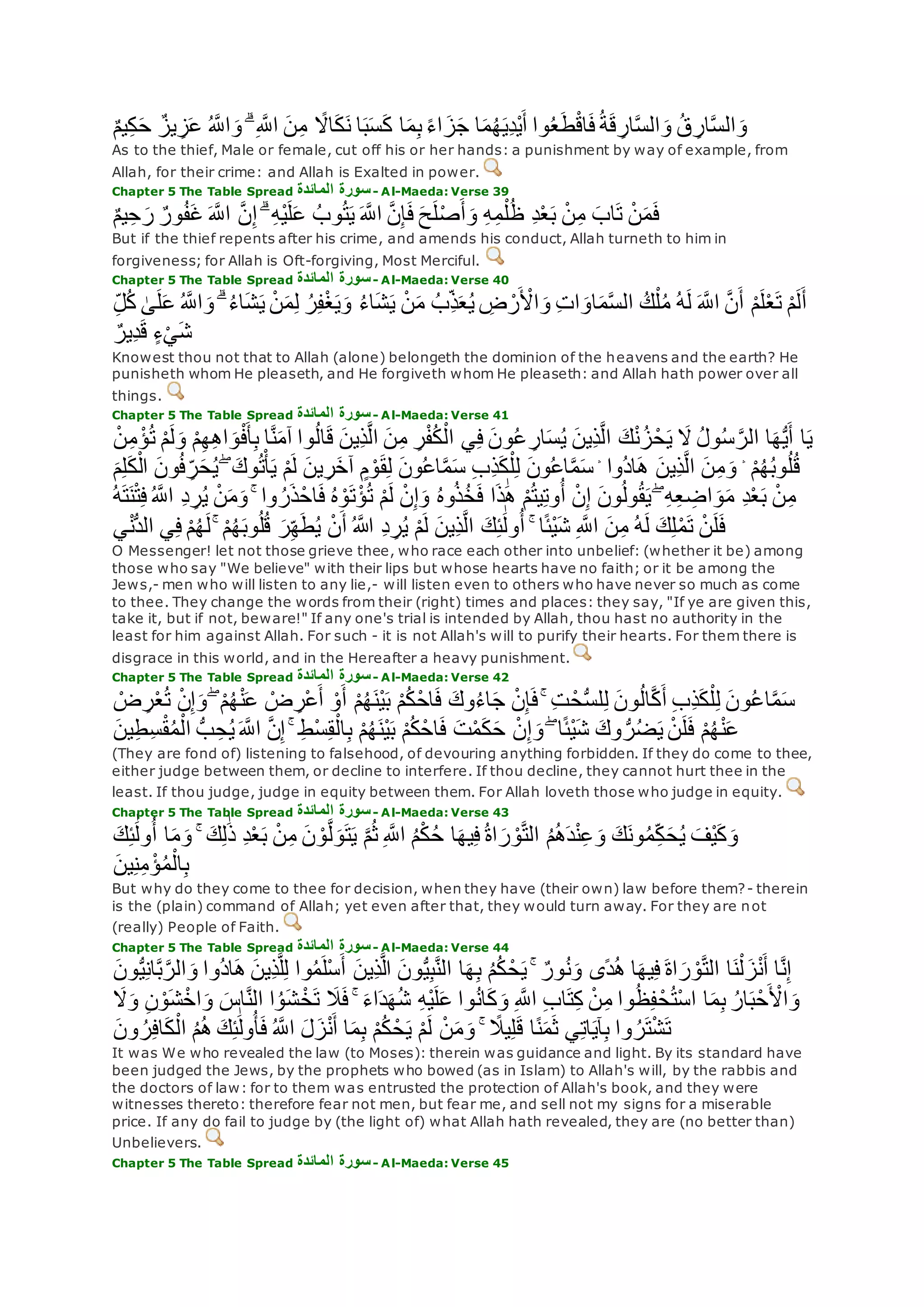 ٌ‫م‬‫ي‬ِ‫ك‬‫ح‬ ٌ‫يز‬ ِ‫ز‬‫ع‬ ُ ‫ه‬‫اَّلل‬‫و‬ ۗ ِ ‫ه‬‫اَّلل‬ ‫ن‬ِ‫م‬ ً‫اَل‬‫ك‬‫ن‬ ‫ا‬‫ب‬‫س‬‫ك‬ ‫ا‬‫م‬ِ‫ب‬ ً‫ء‬‫ا‬‫ز‬‫ج‬ ‫ا‬‫م‬ُ‫ه‬‫ِي‬‫د‬ْ‫ي‬‫أ‬ ‫وا‬ُ‫ع‬‫ط‬ْ‫ق‬‫ا‬‫ف‬ُ‫ة‬‫ق‬ ِ‫ار‬‫ه‬‫س‬‫ال‬‫و‬ ُ‫ق‬ ِ‫ار‬‫ه‬‫س‬‫ال‬‫و‬
As to the thief, Male or female, cut off his or her hands: a punishment by way of example, from
Allah, for their crime: and Allah is Exalted in power.
Chapter 5 The Table Spread ‫المائدة‬ ‫سورة‬- Al-Maeda: Verse 39
‫ه‬‫ن‬ِ‫إ‬ ۗ ِ‫ه‬ْ‫ي‬‫ل‬‫ع‬ ُ‫وب‬ُ‫ت‬‫ي‬ ‫ه‬‫اَّلل‬ ‫ه‬‫ن‬ِ‫إ‬‫ف‬ ‫ح‬‫ل‬ْ‫ص‬‫أ‬‫و‬ ِ‫ه‬ِ‫م‬ْ‫ل‬ُ‫ظ‬ ِ‫د‬ْ‫ع‬‫ب‬ ْ‫ن‬ِ‫م‬ ‫اب‬‫ت‬ ْ‫ن‬‫م‬‫ف‬ٌ‫م‬‫ي‬ِ‫ح‬‫ر‬ ٌ‫ور‬ُ‫ف‬‫غ‬ ‫ه‬‫اَّلل‬
But if the thief repents after his crime, and amends his conduct, Allah turneth to him in
forgiveness; for Allah is Oft-forgiving, Most Merciful.
Chapter 5 The Table Spread ‫سورة‬‫المائدة‬ - Al-Maeda: Verse 40
ُ ‫ه‬‫اَّلل‬‫و‬ ۗ ُ‫ء‬‫ا‬‫ش‬‫ي‬ ْ‫ن‬‫م‬ِ‫ل‬ ُ‫ر‬ِ‫ف‬ْ‫غ‬‫ي‬‫و‬ ُ‫ء‬‫ا‬‫ش‬‫ي‬ ْ‫ن‬‫م‬ ُ‫ِب‬‫ذ‬‫ع‬ُ‫ي‬ ِ‫ض‬ ْ‫ر‬ ْ‫اْل‬‫و‬ ِ‫ت‬‫ا‬‫او‬‫م‬‫ه‬‫س‬‫ال‬ ُ‫ك‬ْ‫ل‬ُ‫م‬ ُ‫ه‬‫ل‬ ‫ه‬‫اَّلل‬ ‫ه‬‫ن‬‫أ‬ ْ‫م‬‫ل‬ْ‫ع‬‫ت‬ ْ‫م‬‫ل‬‫أ‬ِ‫ل‬ُ‫ك‬ َٰ‫ى‬‫ل‬‫ع‬
ٌ‫ِير‬‫د‬‫ق‬ ٍ‫ء‬ْ‫ي‬‫ش‬
Knowest thou not that to Allah (alone) belongeth the dominion of the heavens and the earth? He
punisheth whom He pleaseth, and He forgiveth whom He pleaseth: and Allah hath power over all
things.
Chapter 5 The Table Spread ‫المائدة‬ ‫سورة‬- Al-Maeda: Verse 41
‫ا‬‫ه‬ُّ‫ي‬‫أ‬ ‫ا‬‫ي‬ْ‫ن‬ِ‫م‬ ْ‫ؤ‬ُ‫ت‬ ْ‫م‬‫ل‬‫و‬ ْ‫م‬ِ‫ه‬ِ‫ه‬‫ا‬‫و‬ْ‫ف‬‫أ‬ِ‫ب‬ ‫ا‬‫ه‬‫ن‬‫آم‬ ‫وا‬ُ‫ل‬‫ا‬‫ق‬ ‫ِين‬‫ذ‬‫ه‬‫ل‬‫ا‬ ‫ن‬ِ‫م‬ ِ‫ر‬ْ‫ف‬ُ‫ك‬ْ‫ال‬ ‫ي‬ِ‫ف‬ ‫ون‬ُ‫ع‬ ِ‫ار‬‫س‬ُ‫ي‬ ‫ِين‬‫ذ‬‫ه‬‫ل‬‫ا‬ ‫ك‬ْ‫ن‬ُ‫ز‬ْ‫ح‬‫ي‬ ‫َل‬ ُ‫ل‬‫و‬ُ‫س‬ ‫ه‬‫الر‬
‫ا‬ ‫ون‬ُ‫ف‬ ِ‫ر‬‫ح‬ُ‫ي‬ ۖ ‫وك‬ُ‫ت‬ْ‫أ‬‫ي‬ ْ‫م‬‫ل‬ ‫ين‬ِ‫ر‬‫آخ‬ ٍ‫م‬ ْ‫و‬‫ق‬ِ‫ل‬ ‫ون‬ُ‫ع‬‫ا‬‫ه‬‫م‬‫س‬ ِ‫ب‬ِ‫ذ‬‫ك‬ْ‫ل‬ِ‫ل‬ ‫ون‬ُ‫ع‬‫ا‬‫ه‬‫م‬‫س‬ ۛ ‫ُوا‬‫د‬‫ا‬‫ه‬ ‫ِين‬‫ذ‬‫ه‬‫ل‬‫ا‬ ‫ن‬ِ‫م‬‫و‬ ۛ ْ‫م‬ُ‫ه‬ُ‫ب‬‫و‬ُ‫ل‬ُ‫ق‬ِ‫ل‬‫ك‬ْ‫ل‬‫م‬
ُ ‫ه‬‫اَّلل‬ ِ‫د‬ ِ‫ر‬ُ‫ي‬ ْ‫ن‬‫م‬‫و‬ ۚ ‫وا‬ ُ‫ر‬‫ذ‬ْ‫اح‬‫ف‬ ُ‫ه‬ ْ‫و‬‫ت‬ْ‫ؤ‬ُ‫ت‬ ْ‫م‬‫ل‬ ْ‫ن‬ِ‫إ‬‫و‬ ُ‫ه‬‫و‬ُ‫ذ‬ُ‫خ‬‫ف‬ ‫ا‬‫ذ‬َٰ‫ه‬ ْ‫م‬ُ‫ت‬‫ي‬ِ‫ت‬‫و‬ُ‫أ‬ ْ‫ن‬ِ‫إ‬ ‫ون‬ُ‫ل‬‫و‬ُ‫ق‬‫ي‬ ۖ ِ‫ه‬ِ‫ع‬ ِ‫اض‬‫و‬‫م‬ ِ‫د‬ْ‫ع‬‫ب‬ ْ‫ن‬ِ‫م‬ُ‫ه‬‫ت‬‫ن‬ْ‫ت‬ِ‫ف‬
ۚ ْ‫م‬ُ‫ه‬‫وب‬ُ‫ل‬ُ‫ق‬ ‫ر‬ِ‫ه‬‫ط‬ُ‫ي‬ ْ‫ن‬‫أ‬ ُ ‫اَّلله‬ ِ‫د‬ ِ‫ر‬ُ‫ي‬ ْ‫م‬‫ل‬ ‫ِين‬‫ذ‬‫ه‬‫ل‬‫ا‬ ‫ك‬ِ‫ئ‬َٰ‫ول‬ُ‫أ‬ ۚ ‫ا‬ً‫ئ‬ْ‫ي‬‫ش‬ ِ ‫ه‬‫اَّلل‬ ‫ن‬ِ‫م‬ ُ‫ه‬‫ل‬ ‫ك‬ِ‫ل‬ْ‫م‬‫ت‬ ْ‫ن‬‫ل‬‫ف‬‫ي‬ْ‫ن‬ُّ‫د‬‫ال‬ ‫ي‬ِ‫ف‬ ْ‫م‬ُ‫ه‬‫ل‬
O Messenger! let not those grieve thee, who race each other into unbelief: (whether it be) among
those who say "We believe" with their lips but whose hearts have no faith; or it be among the
Jews,- men who will listen to any lie,- will listen even to others who have never so much as come
to thee. They change the words from their (right) times and places: they say, "If ye are given this,
take it, but if not, beware!" If any one's trial is intended by Allah, thou hast no authority in the
least for him against Allah. For such - it is not Allah's will to purify their hearts. For them there is
disgrace in this world, and in the Hereafter a heavy punishment.
Chapter 5 The Table Spread ‫سور‬‫المائدة‬ ‫ة‬ - Al-Maeda: Verse 42
ْ‫ض‬ ِ‫ر‬ْ‫ع‬ُ‫ت‬ ْ‫ن‬ِ‫إ‬‫و‬ ۖ ْ‫م‬ُ‫ه‬ْ‫ن‬‫ع‬ ْ‫ض‬ ِ‫ْر‬‫ع‬‫أ‬ ْ‫و‬‫أ‬ ْ‫م‬ُ‫ه‬‫ْن‬‫ي‬‫ب‬ ْ‫م‬ُ‫ك‬ْ‫ح‬‫ا‬‫ف‬ ‫وك‬ُ‫ء‬‫ا‬‫ج‬ ْ‫ن‬ِ‫إ‬‫ف‬ ۚ ِ‫ت‬ ْ‫ح‬ُّ‫س‬‫ل‬ِ‫ل‬ ‫ون‬ُ‫ل‬‫ا‬‫ه‬‫ك‬‫أ‬ ِ‫ب‬ِ‫ذ‬‫ك‬ْ‫ل‬ِ‫ل‬ ‫ون‬ُ‫ع‬‫ا‬‫ه‬‫م‬‫س‬
‫ه‬‫اَّلل‬ ‫ه‬‫ن‬ِ‫إ‬ ۚ ِ‫ط‬ْ‫س‬ِ‫ق‬ْ‫ال‬ِ‫ب‬ ْ‫م‬ُ‫ه‬‫ْن‬‫ي‬‫ب‬ ْ‫م‬ُ‫ك‬ْ‫اح‬‫ف‬ ‫ت‬ْ‫م‬‫ك‬‫ح‬ ْ‫ن‬ِ‫إ‬‫و‬ ۖ ‫ا‬ً‫ئ‬ْ‫ي‬‫ش‬ ‫وك‬ ُّ‫ر‬ُ‫ض‬‫ي‬ ْ‫ن‬‫ل‬‫ف‬ ْ‫م‬ُ‫ه‬ْ‫ن‬‫ع‬‫ين‬ِ‫ط‬ِ‫س‬ْ‫ق‬ُ‫م‬ْ‫ال‬ ُّ‫ب‬ ِ‫ح‬ُ‫ي‬
(They are fond of) listening to falsehood, of devouring anything forbidden. If they do come to thee,
either judge between them, or decline to interfere. If thou decline, they cannot hurt thee in the
least. If thou judge, judge in equity between them. For Allah loveth those who judge in equity.
Chapter 5 The Table Spread ‫المائدة‬ ‫سورة‬- Al-Maeda: Verse 43
‫ه‬‫م‬ُ‫ث‬ ِ ‫ه‬‫اَّلل‬ ُ‫م‬ْ‫ك‬ُ‫ح‬ ‫ا‬‫يه‬ِ‫ف‬ُ‫ة‬‫ا‬‫ر‬ ْ‫و‬‫ه‬‫ت‬‫ال‬ ُ‫م‬ُ‫ه‬‫د‬ْ‫ن‬ِ‫ع‬‫و‬ ‫ك‬‫ون‬ُ‫م‬ِ‫ك‬‫ح‬ُ‫ي‬ ‫ْف‬‫ي‬‫ك‬‫و‬‫ك‬ِ‫ئ‬َٰ‫ول‬ُ‫أ‬ ‫ا‬‫م‬‫و‬ ۚ ‫ك‬ِ‫ل‬َٰ‫ذ‬ ِ‫د‬ْ‫ع‬‫ب‬ ْ‫ن‬ِ‫م‬ ‫ن‬ ْ‫و‬‫ه‬‫ل‬‫و‬‫ت‬‫ي‬
‫ين‬ِ‫ن‬ِ‫م‬ ْ‫ؤ‬ُ‫م‬ْ‫ال‬ِ‫ب‬
But why do they come to thee for decision, when they have (their own) law before them?- therein
is the (plain) command of Allah; yet even after that, they would turn away. For they are not
(really) People of Faith.
Chapter 5 The Table Spread ‫المائدة‬ ‫سورة‬- Al-Maeda: Verse 44
‫وا‬ُ‫م‬‫ْل‬‫س‬‫أ‬ ‫ِين‬‫ذ‬‫ه‬‫ل‬‫ا‬ ‫ون‬ُّ‫ي‬ِ‫ب‬‫ه‬‫ن‬‫ال‬ ‫ا‬‫ه‬ِ‫ب‬ ُ‫م‬ُ‫ك‬ ْ‫ح‬‫ي‬ ۚ ٌ‫ور‬ُ‫ن‬‫و‬ ‫ًى‬‫د‬ُ‫ه‬ ‫ا‬‫يه‬ِ‫ف‬ ‫اة‬‫ر‬ ْ‫و‬‫ه‬‫ت‬‫ال‬ ‫ا‬‫ن‬ْ‫ل‬‫ز‬ْ‫ن‬‫أ‬ ‫ا‬‫ه‬‫ن‬ِ‫إ‬‫ون‬ُّ‫ي‬ِ‫ن‬‫ا‬‫ه‬‫ب‬‫ه‬‫الر‬‫و‬ ‫ُوا‬‫د‬‫ا‬‫ه‬ ‫ِين‬‫ذ‬‫ه‬‫ل‬ِ‫ل‬
‫و‬ ِ‫ن‬ ْ‫و‬‫ش‬ْ‫اخ‬‫و‬ ‫اس‬‫ه‬‫ن‬‫ال‬ ‫ا‬ُ‫و‬‫ش‬ ْ‫خ‬‫ت‬ ‫َل‬‫ف‬ ۚ ‫اء‬‫د‬‫ه‬ُ‫ش‬ ِ‫ه‬ْ‫ي‬‫ل‬‫ع‬ ‫وا‬ُ‫ن‬‫ا‬‫ك‬‫و‬ ِ ‫ه‬‫اَّلل‬ ِ‫ب‬‫ا‬‫ت‬ِ‫ك‬ ْ‫ن‬ِ‫م‬ ‫وا‬ُ‫ظ‬ِ‫ف‬ْ‫ح‬ُ‫ت‬ْ‫س‬‫ا‬ ‫ا‬‫م‬ِ‫ب‬ ُ‫ار‬‫ب‬ْ‫ح‬ ْ‫اْل‬‫و‬‫َل‬
ُ‫أ‬‫ف‬ ُ ‫ه‬‫اَّلل‬ ‫ل‬‫ز‬ْ‫ن‬‫أ‬ ‫ا‬‫م‬ِ‫ب‬ ْ‫م‬ُ‫ك‬ ْ‫ح‬‫ي‬ ْ‫م‬‫ل‬ ْ‫ن‬‫م‬‫و‬ ۚ ً‫يَل‬ِ‫ل‬‫ق‬ ‫ا‬ً‫ن‬‫م‬‫ث‬ ‫ي‬ِ‫ت‬‫ا‬‫آي‬ِ‫ب‬ ‫وا‬ ُ‫ر‬‫ت‬ْ‫ش‬‫ت‬‫ون‬ ُ‫ر‬ِ‫ف‬‫ا‬‫ك‬ْ‫ال‬ ُ‫م‬ُ‫ه‬ ‫ك‬ِ‫ئ‬َٰ‫ول‬
It was We who revealed the law (to Moses): therein was guidance and light. By its standard have
been judged the Jews, by the prophets who bowed (as in Islam) to Allah's will, by the rabbis and
the doctors of law: for to them was entrusted the protection of Allah's book, and they were
witnesses thereto: therefore fear not men, but fear me, and sell not my signs for a miserable
price. If any do fail to judge by (the light of) what Allah hath revealed, they are (no better than)
Unbelievers.
Chapter 5 The Table Spread ‫المائدة‬ ‫سورة‬- Al-Maeda: Verse 45
 