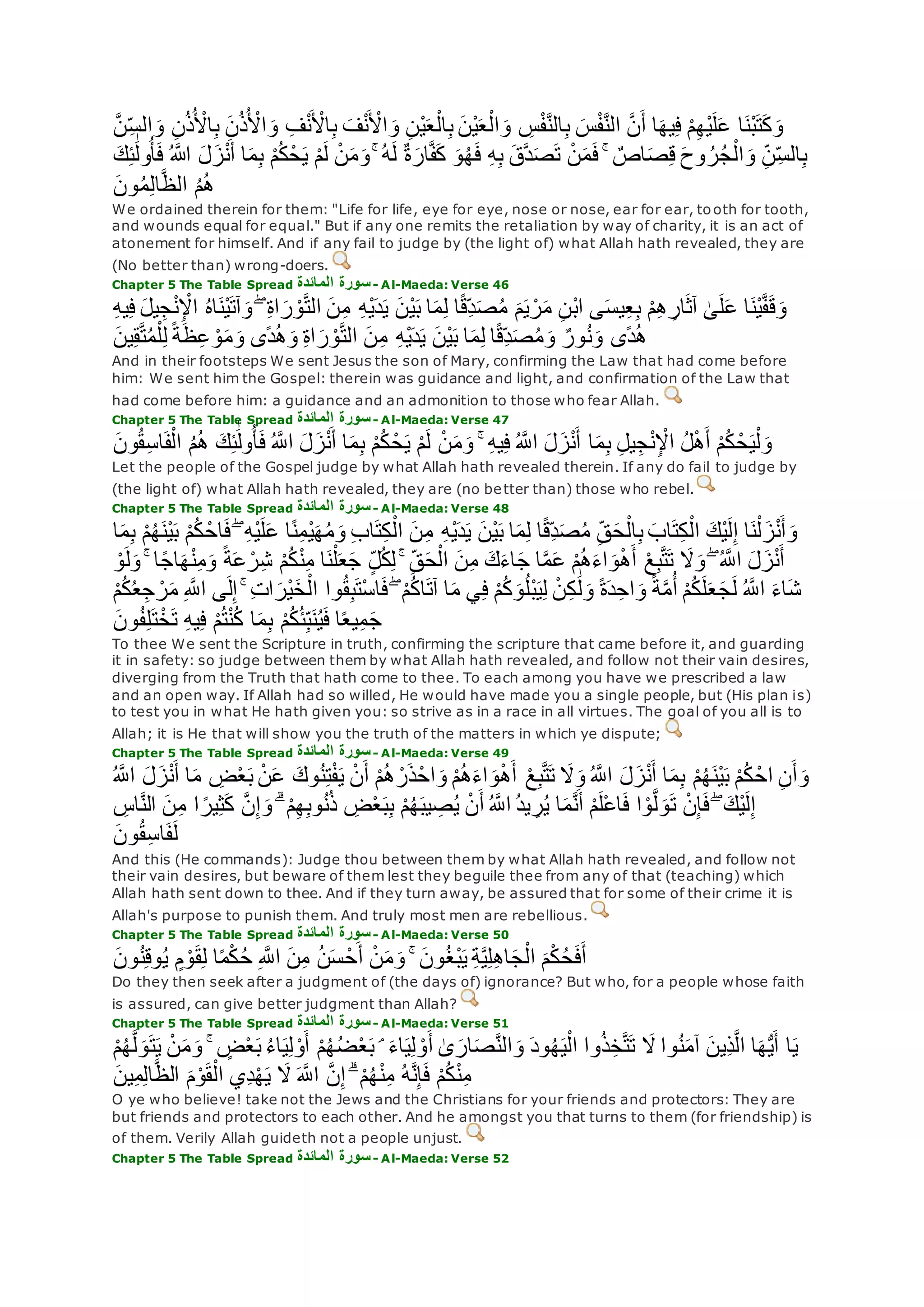 ُ ْ‫اْل‬ِ‫ب‬ ‫ن‬ُ‫ذ‬ُ ْ‫اْل‬‫و‬ ِ‫ف‬ْ‫ن‬ ْ‫اْل‬ِ‫ب‬ ‫ف‬ْ‫ن‬ ْ‫اْل‬‫و‬ ِ‫ن‬ْ‫ي‬‫ع‬ْ‫ال‬ِ‫ب‬ ‫ْن‬‫ي‬‫ع‬ْ‫ال‬‫و‬ ِ‫س‬ْ‫ف‬‫ه‬‫ن‬‫ال‬ِ‫ب‬ ‫س‬ْ‫ف‬‫ه‬‫ن‬‫ال‬ ‫ه‬‫ن‬‫أ‬ ‫ا‬‫يه‬ِ‫ف‬ ْ‫م‬ِ‫ه‬ْ‫ي‬‫ل‬‫ع‬ ‫ا‬‫ْن‬‫ب‬‫ت‬‫ك‬‫و‬ِ‫ن‬ُ‫ذ‬‫ه‬‫ن‬ِ‫الس‬‫و‬
ُ ‫اَّلله‬ ‫ل‬‫ز‬ْ‫ن‬‫أ‬ ‫ا‬‫م‬ِ‫ب‬ ْ‫م‬ُ‫ك‬ْ‫ح‬‫ي‬ ْ‫م‬‫ل‬ ْ‫ن‬‫م‬‫و‬ ۚ ُ‫ه‬‫ل‬ ٌ‫ة‬‫ار‬‫ه‬‫ف‬‫ك‬ ‫و‬ُ‫ه‬‫ف‬ ِ‫ه‬ِ‫ب‬ ‫هق‬‫د‬‫ص‬‫ت‬ ْ‫ن‬‫م‬‫ف‬ ۚ ٌ‫اص‬‫ص‬ِ‫ق‬ ‫وح‬ ُ‫ر‬ُ‫ج‬ْ‫ال‬‫و‬ ِ‫ن‬ِ‫الس‬ِ‫ب‬‫ك‬ِ‫ئ‬َٰ‫ول‬ُ‫أ‬‫ف‬
‫ون‬ُ‫م‬ِ‫ل‬‫ا‬‫ه‬‫ظ‬‫ال‬ ُ‫م‬ُ‫ه‬
We ordained therein for them: "Life for life, eye for eye, nose or nose, ear for ear, tooth for tooth,
and wounds equal for equal." But if any one remits the retaliation by way of charity, it is an act of
atonement for himself. And if any fail to judge by (the light of) what Allah hath revealed, they are
(No better than) wrong-doers.
Chapter 5 The Table Spread ‫المائدة‬ ‫سورة‬- Al-Maeda: Verse 46
ِ ْْ‫ا‬ ُ‫ه‬‫ا‬‫ْن‬‫ي‬‫آت‬‫و‬ ۖ ِ‫ة‬‫ا‬‫ر‬ ْ‫و‬‫ه‬‫ت‬‫ال‬ ‫ن‬ِ‫م‬ ِ‫ه‬ْ‫ي‬‫د‬‫ي‬ ‫ْن‬‫ي‬‫ب‬ ‫ا‬‫م‬ِ‫ل‬ ‫ا‬ً‫ق‬ِ‫د‬‫ص‬ُ‫م‬ ‫م‬‫ي‬ ْ‫ر‬‫م‬ ِ‫ن‬ْ‫ب‬‫ا‬ ‫ى‬‫يس‬ِ‫ع‬ِ‫ب‬ ْ‫م‬ِ‫ه‬ ِ‫ار‬‫آث‬ َٰ‫ى‬‫ل‬‫ع‬ ‫ا‬‫ْن‬‫ي‬‫ه‬‫ف‬‫ق‬‫و‬ِ‫ه‬‫ي‬ِ‫ف‬ ‫يل‬ِ‫ج‬ْ‫ن‬
‫ًى‬‫د‬ُ‫ه‬‫ين‬ِ‫ق‬‫ه‬‫ت‬ُ‫م‬ْ‫ل‬ِ‫ل‬ ً‫ة‬‫ظ‬ِ‫ع‬ ْ‫و‬‫م‬‫و‬ ‫ًى‬‫د‬ُ‫ه‬‫و‬ ِ‫ة‬‫ا‬‫ر‬ ْ‫و‬‫ه‬‫ت‬‫ال‬ ‫ن‬ِ‫م‬ ِ‫ه‬ْ‫ي‬‫د‬‫ي‬ ‫ْن‬‫ي‬‫ب‬ ‫ا‬‫م‬ِ‫ل‬ ‫ا‬ً‫ق‬ِ‫د‬‫ص‬ُ‫م‬‫و‬ ٌ‫ور‬ُ‫ن‬‫و‬
And in their footsteps We sent Jesus the son of Mary, confirming the Law that had come before
him: We sent him the Gospel: therein was guidance and light, and confirmation of the Law that
had come before him: a guidance and an admonition to those who fear Allah.
Chapter 5 The Table Spread ‫المائدة‬ ‫سورة‬- Al-Maeda: Verse 47
‫ا‬‫م‬ِ‫ب‬ ِ‫ل‬‫ي‬ِ‫ج‬ْ‫ن‬ِ ْْ‫ا‬ ُ‫ل‬ْ‫ه‬‫أ‬ ْ‫م‬ُ‫ك‬ ْ‫ح‬‫ي‬ْ‫ل‬‫و‬‫ون‬ُ‫ق‬ِ‫س‬‫ا‬‫ف‬ْ‫ال‬ ُ‫م‬ُ‫ه‬ ‫ك‬ِ‫ئ‬َٰ‫ول‬ُ‫أ‬‫ف‬ ُ ‫ه‬‫اَّلل‬ ‫ل‬‫ز‬ْ‫ن‬‫أ‬ ‫ا‬‫م‬ِ‫ب‬ ْ‫م‬ُ‫ك‬ ْ‫ح‬‫ي‬ ْ‫م‬‫ل‬ ْ‫ن‬‫م‬‫و‬ ۚ ِ‫ه‬‫ي‬ِ‫ف‬ ُ ‫ه‬‫اَّلل‬ ‫ل‬‫ز‬ْ‫ن‬‫أ‬
Let the people of the Gospel judge by what Allah hath revealed therein. If any do fail to judge by
(the light of) what Allah hath revealed, they are (no better than) those who rebel.
Chapter 5 The Table Spread ‫المائدة‬ ‫سورة‬- Al-Maeda: Verse 48
‫ا‬ً‫ن‬ِ‫م‬ْ‫ي‬‫ه‬ُ‫م‬‫و‬ ِ‫ب‬‫ا‬‫ت‬ِ‫ك‬ْ‫ال‬ ‫ن‬ِ‫م‬ ِ‫ه‬ْ‫ي‬‫د‬‫ي‬ ‫ْن‬‫ي‬‫ب‬ ‫ا‬‫م‬ِ‫ل‬ ‫ا‬ً‫ق‬ِ‫د‬‫ص‬ُ‫م‬ ِ‫ق‬‫ح‬ْ‫ال‬ِ‫ب‬ ‫اب‬‫ت‬ِ‫ك‬ْ‫ال‬ ‫ْك‬‫ي‬‫ل‬ِ‫إ‬ ‫ا‬‫ن‬ْ‫ل‬‫ز‬ْ‫ن‬‫أ‬‫و‬‫ا‬‫م‬ِ‫ب‬ ْ‫م‬ُ‫ه‬‫ْن‬‫ي‬‫ب‬ ْ‫م‬ُ‫ك‬ ْ‫اح‬‫ف‬ ۖ ِ‫ه‬ْ‫ي‬‫ل‬‫ع‬
‫ا‬‫ه‬ْ‫ن‬ِ‫م‬‫و‬ ً‫ة‬‫ع‬ ْ‫ر‬ِ‫ش‬ ْ‫م‬ُ‫ك‬ْ‫ن‬ِ‫م‬ ‫ا‬‫ن‬ْ‫ل‬‫ع‬‫ج‬ ٍ‫ل‬ُ‫ك‬ِ‫ل‬ ۚ ِ‫ق‬‫ح‬ْ‫ال‬ ‫ن‬ِ‫م‬ ‫ك‬‫اء‬‫ج‬ ‫ا‬‫ه‬‫م‬‫ع‬ ْ‫م‬ُ‫ه‬‫اء‬‫و‬ْ‫ه‬‫أ‬ ْ‫ع‬ِ‫ب‬‫ه‬‫ت‬‫ت‬ ‫َل‬‫و‬ ۖ ُ ‫ه‬‫اَّلل‬ ‫ل‬‫ز‬ْ‫ن‬‫أ‬ْ‫و‬‫ل‬‫و‬ ۚ ‫ا‬ً‫ج‬
‫آت‬ ‫ا‬‫م‬ ‫ي‬ِ‫ف‬ ْ‫م‬ُ‫ك‬‫و‬ُ‫ل‬ْ‫ب‬‫ي‬ِ‫ل‬ ْ‫ن‬ِ‫ك‬ َٰ‫ل‬‫و‬ ً‫ة‬‫د‬ِ‫اح‬‫و‬ ً‫ة‬‫ه‬‫م‬ُ‫أ‬ ْ‫م‬ُ‫ك‬‫ل‬‫ع‬‫ج‬‫ل‬ ُ ‫ه‬‫اَّلل‬ ‫اء‬‫ش‬ْ‫م‬ُ‫ك‬ُ‫ع‬ِ‫ج‬ ْ‫ر‬‫م‬ ِ ‫ه‬‫اَّلل‬ ‫ى‬‫ل‬ِ‫إ‬ ۚ ِ‫ت‬‫ا‬‫ْر‬‫ي‬‫خ‬ْ‫ال‬ ‫وا‬ُ‫ق‬ِ‫ب‬‫ْت‬‫س‬‫ا‬‫ف‬ ۖ ْ‫م‬ُ‫ك‬‫ا‬
‫ون‬ُ‫ف‬ِ‫ل‬‫ت‬ْ‫خ‬‫ت‬ ِ‫ه‬‫ي‬ِ‫ف‬ ْ‫م‬ُ‫ت‬ْ‫ن‬ُ‫ك‬ ‫ا‬‫م‬ِ‫ب‬ ْ‫م‬ُ‫ك‬ُ‫ئ‬ِ‫ب‬‫ن‬ُ‫ي‬‫ف‬ ‫ا‬ً‫ع‬‫ي‬ِ‫م‬‫ج‬
To thee We sent the Scripture in truth, confirming the scripture that came before it, and guarding
it in safety: so judge between them by what Allah hath revealed, and follow not their vain desires,
diverging from the Truth that hath come to thee. To each among you have we prescribed a law
and an open way. If Allah had so willed, He would have made you a single people, but (His plan is)
to test you in what He hath given you: so strive as in a race in all virtues. The goal of you all is to
Allah; it is He that will show you the truth of the matters in which ye dispute;
Chapter 5 The Table Spread ‫المائدة‬ ‫سورة‬- Al-Maeda: Verse 49
‫ا‬‫م‬ ِ‫ض‬ْ‫ع‬‫ب‬ ْ‫ن‬‫ع‬ ‫وك‬ُ‫ن‬ِ‫ت‬ْ‫ف‬‫ي‬ ْ‫ن‬‫أ‬ ْ‫م‬ُ‫ه‬ ْ‫ر‬‫ذ‬ْ‫اح‬‫و‬ ْ‫م‬ُ‫ه‬‫اء‬‫و‬ْ‫ه‬‫أ‬ ْ‫ع‬ِ‫ب‬‫ه‬‫ت‬‫ت‬ ‫َل‬‫و‬ ُ ‫ه‬‫اَّلل‬ ‫ل‬‫ز‬ْ‫ن‬‫أ‬ ‫ا‬‫م‬ِ‫ب‬ ْ‫م‬ُ‫ه‬‫ْن‬‫ي‬‫ب‬ ْ‫م‬ُ‫ك‬ ْ‫اح‬ ِ‫ن‬‫أ‬‫و‬ُ ‫ه‬‫اَّلل‬ ‫ل‬‫ز‬ْ‫ن‬‫أ‬
ِ‫ر‬ُ‫ي‬ ‫ا‬‫م‬‫ه‬‫ن‬‫أ‬ ْ‫م‬‫ْل‬‫ع‬‫ا‬‫ف‬ ‫ا‬ ْ‫و‬‫ه‬‫ل‬‫و‬‫ت‬ ْ‫ن‬ِ‫إ‬‫ف‬ ۖ ‫ْك‬‫ي‬‫ل‬ِ‫إ‬ِ‫اس‬‫ه‬‫ن‬‫ال‬ ‫ن‬ِ‫م‬ ‫ا‬ ً‫ير‬ِ‫ث‬‫ك‬ ‫ه‬‫ن‬ِ‫إ‬‫و‬ ۗ ْ‫م‬ِ‫ه‬ِ‫ب‬‫و‬ُ‫ن‬ُ‫ذ‬ ِ‫ض‬ْ‫ع‬‫ب‬ِ‫ب‬ ْ‫م‬ُ‫ه‬‫يب‬ ِ‫ص‬ُ‫ي‬ ْ‫ن‬‫أ‬ ُ ‫ه‬‫اَّلل‬ ُ‫د‬‫ي‬
‫ون‬ُ‫ق‬ِ‫س‬‫ا‬‫ف‬‫ل‬
And this (He commands): Judge thou between them by what Allah hath revealed, and follow not
their vain desires, but beware of them lest they beguile thee from any of that (teaching) which
Allah hath sent down to thee. And if they turn away, be assured that for some of their crime it is
Allah's purpose to punish them. And truly most men are rebellious.
Chapter 5 The Table Spread ‫المائدة‬ ‫سورة‬- Al-Maeda: Verse 50
‫ون‬ُ‫ن‬ِ‫ق‬‫و‬ُ‫ي‬ ٍ‫م‬ ْ‫و‬‫ق‬ِ‫ل‬ ‫ا‬ً‫م‬ْ‫ك‬ُ‫ح‬ ِ ‫ه‬‫اَّلل‬ ‫ن‬ِ‫م‬ ُ‫ن‬‫س‬ ْ‫ح‬‫أ‬ ْ‫ن‬‫م‬‫و‬ ۚ ‫ون‬ُ‫غ‬ْ‫ب‬‫ي‬ ِ‫ة‬‫ه‬‫ي‬ِ‫ل‬ِ‫ه‬‫ا‬‫ج‬ْ‫ال‬ ‫م‬ْ‫ك‬ُ‫ح‬‫ف‬‫أ‬
Do they then seek after a judgment of (the days of) ignorance? But who, for a people whose faith
is assured, can give better judgment than Allah?
Chapter 5 The Table Spread ‫المائدة‬ ‫سورة‬- Al-Maeda: Verse 51
ْ‫م‬ُ‫ه‬ُ‫ض‬ْ‫ع‬‫ب‬ ۘ ‫اء‬‫ي‬ِ‫ل‬ ْ‫و‬‫أ‬ َٰ‫ى‬‫ار‬‫ص‬‫ه‬‫ن‬‫ال‬‫و‬ ‫ود‬ُ‫ه‬‫ي‬ْ‫ال‬ ‫وا‬ُ‫ذ‬ِ‫خ‬‫ه‬‫ت‬‫ت‬ ‫َل‬ ‫وا‬ُ‫ن‬‫آم‬ ‫ِين‬‫ذ‬‫ه‬‫ل‬‫ا‬ ‫ا‬‫ه‬ُّ‫ي‬‫أ‬ ‫ا‬‫ي‬ْ‫م‬ُ‫ه‬‫ه‬‫ل‬‫و‬‫ت‬‫ي‬ ْ‫ن‬‫م‬‫و‬ ۚ ٍ‫ض‬ْ‫ع‬‫ب‬ ُ‫ء‬‫ا‬‫ي‬ِ‫ل‬ ْ‫و‬‫أ‬
‫ين‬ِ‫م‬ِ‫ل‬‫ا‬‫ه‬‫ظ‬‫ال‬ ‫م‬ْ‫و‬‫ق‬ْ‫ال‬ ‫ِي‬‫د‬ْ‫ه‬‫ي‬ ‫َل‬ ‫ه‬‫اَّلل‬ ‫ه‬‫ن‬ِ‫إ‬ ۗ ْ‫م‬ُ‫ه‬ْ‫ن‬ِ‫م‬ ُ‫ه‬‫ه‬‫ن‬ِ‫إ‬‫ف‬ ْ‫م‬ُ‫ك‬ْ‫ن‬ِ‫م‬
O ye who believe! take not the Jews and the Christians for your friends and protectors: They are
but friends and protectors to each other. And he amongst you that turns to them (for friendship) is
of them. Verily Allah guideth not a people unjust.
Chapter 5 The Table Spread ‫المائدة‬ ‫سورة‬- Al-Maeda: Verse 52
 