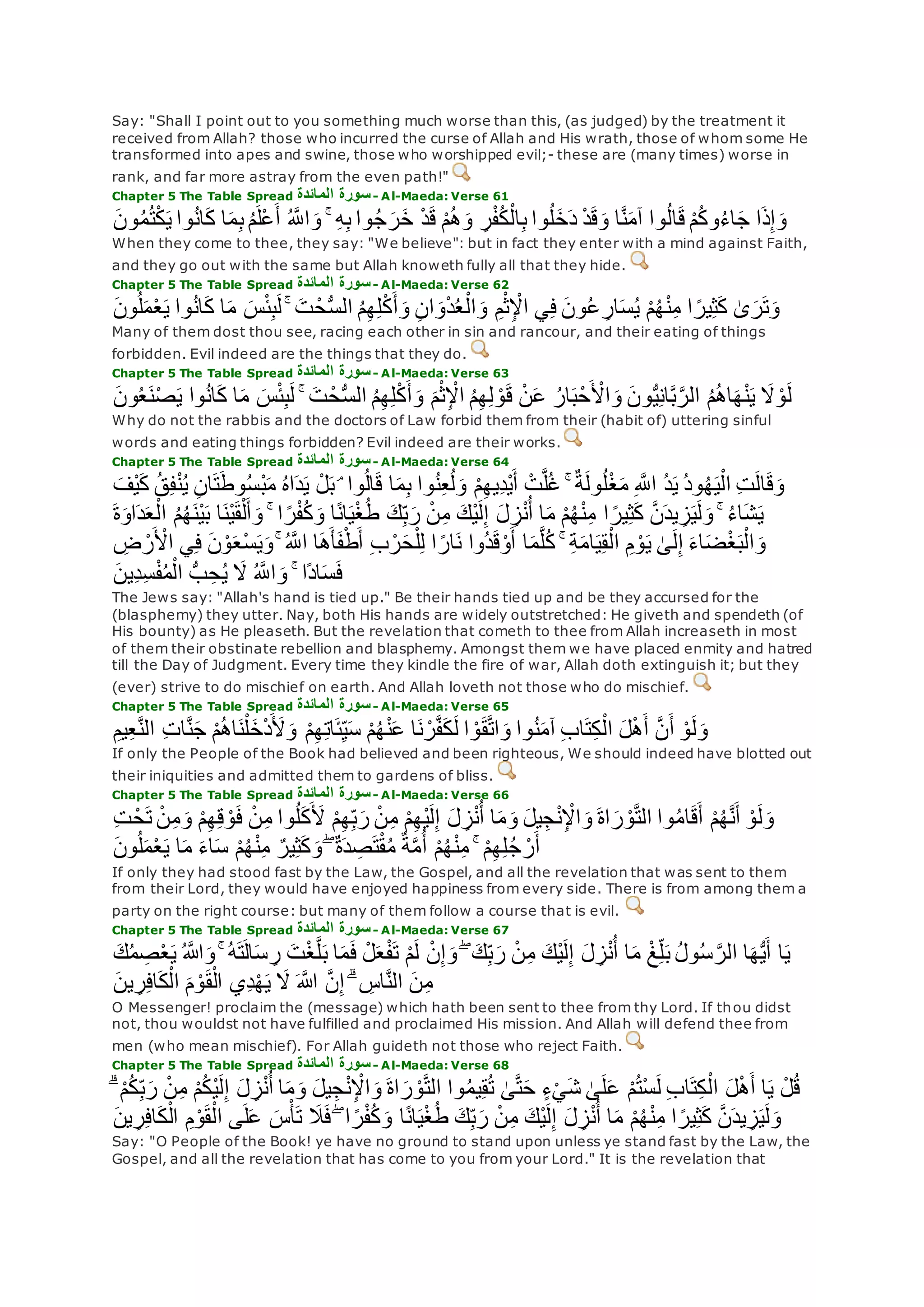 Say: "Shall I point out to you something much worse than this, (as judged) by the treatment it
received from Allah? those who incurred the curse of Allah and His wrath, those of whom some He
transformed into apes and swine, those who worshipped evil;- these are (many times) worse in
rank, and far more astray from the even path!"
Chapter 5 The Table Spread ‫المائدة‬ ‫سورة‬- Al-Maeda: Verse 61
ُ ‫ه‬‫اَّلل‬‫و‬ ۚ ِ‫ه‬ِ‫ب‬ ‫وا‬ُ‫ج‬‫ر‬‫خ‬ ْ‫د‬‫ق‬ ْ‫م‬ُ‫ه‬‫و‬ ِ‫ر‬ْ‫ف‬ُ‫ك‬ْ‫ال‬ِ‫ب‬ ‫وا‬ُ‫ل‬‫خ‬‫د‬ ْ‫د‬‫ق‬‫و‬ ‫ا‬‫ه‬‫ن‬‫آم‬ ‫وا‬ُ‫ل‬‫ا‬‫ق‬ ْ‫م‬ُ‫ك‬‫و‬ُ‫ء‬‫ا‬‫ج‬ ‫ا‬‫ذ‬ِ‫إ‬‫و‬‫ون‬ُ‫م‬ُ‫ت‬ْ‫ك‬‫ي‬ ‫وا‬ُ‫ن‬‫ا‬‫ك‬ ‫ا‬‫م‬ِ‫ب‬ ُ‫م‬‫ْل‬‫ع‬‫أ‬
When they come to thee, they say: "We believe": but in fact they enter with a mind against Faith,
and they go out with the same but Allah knoweth fully all that they hide.
Chapter 5 The Table Spread ‫المائدة‬ ‫سورة‬- Al-Maeda: Verse 62
‫ون‬ُ‫ل‬‫م‬ْ‫ع‬‫ي‬ ‫وا‬ُ‫ن‬‫ا‬‫ك‬ ‫ا‬‫م‬ ‫س‬ْ‫ئ‬ِ‫ب‬‫ل‬ ۚ ‫ت‬ ْ‫ح‬ُّ‫س‬‫ال‬ ُ‫م‬ِ‫ه‬ِ‫ل‬ْ‫ك‬‫أ‬‫و‬ ِ‫ن‬‫ا‬‫و‬ْ‫د‬ُ‫ع‬ْ‫ال‬‫و‬ ِ‫م‬ْ‫ث‬ِ ْْ‫ا‬ ‫ي‬ِ‫ف‬ ‫ون‬ُ‫ع‬ ِ‫ار‬‫س‬ُ‫ي‬ ْ‫م‬ُ‫ه‬ْ‫ن‬ِ‫م‬ ‫ا‬ ً‫ير‬ِ‫ث‬‫ك‬ َٰ‫ى‬‫ر‬‫ت‬‫و‬
Many of them dost thou see, racing each other in sin and rancour, and their eating of things
forbidden. Evil indeed are the things that they do.
Chapter 5 The Table Spread ‫المائدة‬ ‫سورة‬- Al-Maeda: Verse 63
ْ‫ن‬‫ع‬ ُ‫ار‬‫ب‬ْ‫ح‬ ْ‫اْل‬‫و‬ ‫ون‬ُّ‫ي‬ِ‫ن‬‫ا‬‫ه‬‫ب‬‫ه‬‫الر‬ ُ‫م‬ُ‫ه‬‫ا‬‫ه‬ْ‫ن‬‫ي‬ ‫َل‬ ْ‫و‬‫ل‬‫ون‬ُ‫ع‬‫ن‬ْ‫ص‬‫ي‬ ‫وا‬ُ‫ن‬‫ا‬‫ك‬ ‫ا‬‫م‬ ‫س‬ْ‫ئ‬ِ‫ب‬‫ل‬ ۚ ‫ت‬ ْ‫ح‬ُّ‫س‬‫ال‬ ُ‫م‬ِ‫ه‬ِ‫ل‬ْ‫ك‬‫أ‬‫و‬ ‫م‬ْ‫ث‬ِ ْْ‫ا‬ ُ‫م‬ِ‫ه‬ِ‫ل‬ ْ‫و‬‫ق‬
Why do not the rabbis and the doctors of Law forbid them from their (habit of) uttering sinful
words and eating things forbidden? Evil indeed are their works.
Chapter 5 The Table Spread ‫المائدة‬ ‫سورة‬- Al-Maeda: Verse 64
ُ‫ي‬ ِ‫ن‬‫ا‬‫ت‬‫وط‬ُ‫س‬ْ‫ب‬‫م‬ ُ‫ه‬‫ا‬‫د‬‫ي‬ ْ‫ل‬‫ب‬ ۘ ‫وا‬ُ‫ل‬‫ا‬‫ق‬ ‫ا‬‫م‬ِ‫ب‬ ‫وا‬ُ‫ن‬ِ‫ع‬ُ‫ل‬‫و‬ ْ‫م‬ِ‫ه‬‫ِي‬‫د‬ْ‫ي‬‫أ‬ ْ‫ت‬‫ه‬‫ل‬ُ‫غ‬ ۚ ٌ‫ة‬‫ول‬ُ‫ل‬ْ‫غ‬‫م‬ ِ ‫ه‬‫اَّلل‬ ُ‫د‬‫ي‬ ُ‫د‬‫و‬ُ‫ه‬‫ي‬ْ‫ال‬ ِ‫ت‬‫ال‬‫ق‬‫و‬‫ْف‬‫ي‬‫ك‬ ُ‫ق‬ِ‫ف‬ْ‫ن‬
ۚ ُ‫ء‬‫ا‬‫ش‬‫ي‬‫او‬‫د‬‫ع‬ْ‫ال‬ ُ‫م‬ُ‫ه‬‫ْن‬‫ي‬‫ب‬ ‫ا‬‫ْن‬‫ي‬‫ق‬ْ‫ل‬‫أ‬‫و‬ ۚ ‫ا‬ ً‫ر‬ْ‫ف‬ُ‫ك‬‫و‬ ‫ا‬ً‫ن‬‫ا‬‫ي‬ْ‫غ‬ُ‫ط‬ ‫ك‬ِ‫ب‬‫ر‬ ْ‫ن‬ِ‫م‬ ‫ْك‬‫ي‬‫ل‬ِ‫إ‬ ‫ل‬ ِ‫ز‬ْ‫ن‬ُ‫أ‬ ‫ا‬‫م‬ ْ‫م‬ُ‫ه‬ْ‫ن‬ِ‫م‬ ‫ا‬ ً‫ير‬ِ‫ث‬‫ك‬ ‫ه‬‫ن‬‫يد‬ ِ‫ز‬‫ي‬‫ل‬‫و‬‫ة‬
ْ‫اْل‬ ‫ي‬ِ‫ف‬ ‫ن‬ ْ‫و‬‫ْع‬‫س‬‫ي‬‫و‬ ۚ ُ ‫ه‬‫اَّلل‬ ‫ا‬‫ه‬‫أ‬‫ف‬ْ‫ط‬‫أ‬ ِ‫ب‬ ْ‫ر‬‫ح‬ْ‫ل‬ِ‫ل‬ ‫ا‬ ً‫ار‬‫ن‬ ‫ُوا‬‫د‬‫ق‬ْ‫و‬‫أ‬ ‫ا‬‫م‬‫ه‬‫ل‬ُ‫ك‬ ۚ ِ‫ة‬‫ام‬‫ي‬ِ‫ق‬ْ‫ال‬ ِ‫م‬ ْ‫و‬‫ي‬ َٰ‫ى‬‫ل‬ِ‫إ‬ ‫اء‬‫ض‬ْ‫غ‬‫ب‬ْ‫ال‬‫و‬ِ‫ض‬ ْ‫ر‬
‫ِين‬‫د‬ِ‫س‬ْ‫ف‬ُ‫م‬ْ‫ال‬ ُّ‫ب‬ ِ‫ح‬ُ‫ي‬ ‫َل‬ ُ ‫ه‬‫اَّلل‬‫و‬ ۚ ‫ًا‬‫د‬‫ا‬‫س‬‫ف‬
The Jews say: "Allah's hand is tied up." Be their hands tied up and be they accursed for the
(blasphemy) they utter. Nay, both His hands are widely outstretched: He giveth and spendeth (of
His bounty) as He pleaseth. But the revelation that cometh to thee from Allah increaseth in most
of them their obstinate rebellion and blasphemy. Amongst them we have placed enmity and hatred
till the Day of Judgment. Every time they kindle the fire of war, Allah doth extinguish it; but they
(ever) strive to do mischief on earth. And Allah loveth not those who do mischief.
Chapter 5 The Table Spread ‫المائدة‬ ‫سورة‬- Al-Maeda: Verse 65
ِ‫ب‬‫ا‬‫ت‬ِ‫ك‬ْ‫ال‬ ‫ل‬ْ‫ه‬‫أ‬ ‫ه‬‫ن‬‫أ‬ ْ‫و‬‫ل‬‫و‬ِ‫يم‬ِ‫ع‬‫ه‬‫ن‬‫ال‬ ِ‫ت‬‫ا‬‫ه‬‫ن‬‫ج‬ ْ‫م‬ُ‫ه‬‫ا‬‫ن‬ْ‫ل‬‫خ‬ْ‫د‬‫ْل‬‫و‬ ْ‫م‬ِ‫ه‬ِ‫ت‬‫ا‬‫ئ‬ِ‫ي‬‫س‬ ْ‫م‬ُ‫ه‬ْ‫ن‬‫ع‬ ‫ا‬‫ن‬ ْ‫ر‬‫ه‬‫ف‬‫ك‬‫ل‬ ‫ا‬ ْ‫و‬‫ق‬‫ه‬‫ت‬‫ا‬‫و‬ ‫وا‬ُ‫ن‬‫آم‬
If only the People of the Book had believed and been righteous, We should indeed have blotted out
their iniquities and admitted them to gardens of bliss.
Chapter 5 The Table Spread ‫المائدة‬ ‫سورة‬- Al-Maeda: Verse 66
‫و‬ ْ‫م‬ِ‫ه‬ِ‫ق‬ ْ‫و‬‫ف‬ ْ‫ن‬ِ‫م‬ ‫وا‬ُ‫ل‬‫ك‬‫ْل‬ ْ‫م‬ِ‫ه‬ِ‫ب‬‫ر‬ ْ‫ن‬ِ‫م‬ ْ‫م‬ِ‫ه‬ْ‫ي‬‫ل‬ِ‫إ‬ ‫ل‬ ِ‫ز‬ْ‫ن‬ُ‫أ‬ ‫ا‬‫م‬‫و‬ ‫يل‬ِ‫ج‬ْ‫ن‬ِ ْْ‫ا‬‫و‬ ‫اة‬‫ر‬ ْ‫و‬‫ه‬‫ت‬‫ال‬ ‫وا‬ُ‫م‬‫ا‬‫ق‬‫أ‬ ْ‫م‬ُ‫ه‬‫ه‬‫ن‬‫أ‬ ْ‫و‬‫ل‬‫و‬ِ‫ت‬ ْ‫ح‬‫ت‬ ْ‫ن‬ِ‫م‬
‫ون‬ُ‫ل‬‫م‬ْ‫ع‬‫ي‬ ‫ا‬‫م‬ ‫اء‬‫س‬ ْ‫م‬ُ‫ه‬ْ‫ن‬ِ‫م‬ ٌ‫ير‬ِ‫ث‬‫ك‬‫و‬ ۖ ٌ‫ة‬‫د‬ ِ‫ص‬‫ت‬ْ‫ق‬ُ‫م‬ ٌ‫ة‬‫ه‬‫م‬ُ‫أ‬ ْ‫م‬ُ‫ه‬ْ‫ن‬ِ‫م‬ ۚ ْ‫م‬ِ‫ه‬ِ‫ل‬ُ‫ج‬ ْ‫ر‬‫أ‬
If only they had stood fast by the Law, the Gospel, and all the revelation that was sent to them
from their Lord, they would have enjoyed happiness from every side. There is from among them a
party on the right course: but many of them follow a course that is evil.
Chapter 5 The Table Spread ‫المائدة‬ ‫سورة‬- Al-Maeda: Verse 67
‫ا‬‫م‬ ْ‫غ‬ِ‫ل‬‫ب‬ ُ‫ل‬‫و‬ُ‫س‬ ‫ه‬‫الر‬ ‫ا‬‫ه‬ُّ‫ي‬‫أ‬ ‫ا‬‫ي‬‫ك‬ُ‫م‬ ِ‫ص‬ْ‫ع‬‫ي‬ ُ ‫اَّلله‬‫و‬ ۚ ُ‫ه‬‫ت‬‫ال‬‫س‬ ِ‫ر‬ ‫ت‬ْ‫غ‬‫ه‬‫ل‬‫ب‬ ‫ا‬‫م‬‫ف‬ ْ‫ل‬‫ع‬ْ‫ف‬‫ت‬ ْ‫م‬‫ل‬ ْ‫ن‬ِ‫إ‬‫و‬ ۖ ‫ك‬ِ‫ب‬‫ر‬ ْ‫ن‬ِ‫م‬ ‫ْك‬‫ي‬‫ل‬ِ‫إ‬ ‫ل‬ ِ‫ز‬ْ‫ن‬ُ‫أ‬
‫ين‬ ِ‫ر‬ِ‫ف‬‫ا‬‫ك‬ْ‫ال‬ ‫م‬ ْ‫و‬‫ق‬ْ‫ال‬ ‫ِي‬‫د‬ْ‫ه‬‫ي‬ ‫َل‬ ‫اَّلله‬ ‫ه‬‫ن‬ِ‫إ‬ ۗ ِ‫اس‬‫ه‬‫ن‬‫ال‬ ‫ن‬ِ‫م‬
O Messenger! proclaim the (message) which hath been sent to thee from thy Lord. If thou didst
not, thou wouldst not have fulfilled and proclaimed His mission. And Allah will defend thee from
men (who mean mischief). For Allah guideth not those who reject Faith.
Chapter 5 The Table Spread ‫المائدة‬ ‫سورة‬- Al-Maeda: Verse 68
ْ‫ن‬ِ‫م‬ ْ‫م‬ُ‫ك‬ْ‫ي‬‫ل‬ِ‫إ‬ ‫ل‬ ِ‫ز‬ْ‫ن‬ُ‫أ‬ ‫ا‬‫م‬‫و‬ ‫يل‬ِ‫ج‬ْ‫ن‬ِ ْْ‫ا‬‫و‬ ‫اة‬‫ر‬ ْ‫و‬‫ه‬‫ت‬‫ال‬ ‫وا‬ُ‫م‬‫ي‬ِ‫ق‬ُ‫ت‬ َٰ‫ى‬‫ه‬‫ت‬‫ح‬ ٍ‫ء‬ْ‫ي‬‫ش‬ َٰ‫ى‬‫ل‬‫ع‬ ْ‫م‬ُ‫ت‬ْ‫س‬‫ل‬ ِ‫ب‬‫ا‬‫ت‬ِ‫ك‬ْ‫ال‬ ‫ل‬ْ‫ه‬‫أ‬ ‫ا‬‫ي‬ ْ‫ل‬ُ‫ق‬ۗ ْ‫م‬ُ‫ك‬ِ‫ب‬‫ر‬
‫ا‬ً‫ن‬‫ا‬‫ي‬ْ‫غ‬ُ‫ط‬ ‫ك‬ِ‫ب‬‫ر‬ ْ‫ن‬ِ‫م‬ ‫ْك‬‫ي‬‫ل‬ِ‫إ‬ ‫ل‬ ِ‫ز‬ْ‫ن‬ُ‫أ‬ ‫ا‬‫م‬ ْ‫م‬ُ‫ه‬ْ‫ن‬ِ‫م‬ ‫ا‬ ً‫ير‬ِ‫ث‬‫ك‬ ‫ه‬‫ن‬‫يد‬ ِ‫ز‬‫ي‬‫ل‬‫و‬‫ين‬ ِ‫ر‬ِ‫ف‬‫ا‬‫ك‬ْ‫ال‬ ِ‫م‬ْ‫و‬‫ق‬ْ‫ال‬ ‫ى‬‫ل‬‫ع‬ ‫س‬ْ‫أ‬‫ت‬ ‫َل‬‫ف‬ ۖ ‫ا‬ ً‫ر‬ْ‫ف‬ُ‫ك‬‫و‬
Say: "O People of the Book! ye have no ground to stand upon unless ye stand fast by the Law, the
Gospel, and all the revelation that has come to you from your Lord." It is the revelation that
 