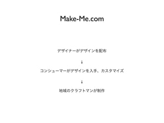 Make-Me.com
デザイナーがデザインを配布
↓
コンシューマーがデザインを入手、カスタマイズ
↓
地域のクラフトマンが制作
 