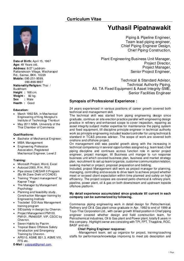 yuthasil cv june 2016 pp 1 cv piping engineer