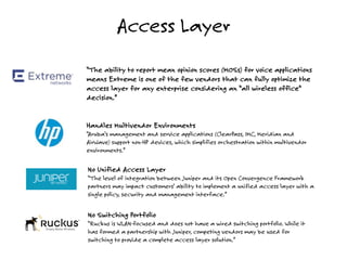Access Layer
“The ability to report mean opinion scores (MOSs) for voice applications
means Extreme is one of the few vendors that can fully optimize the
access layer for any enterprise considering an "all wireless office"
decision.”
Handles Multivendor Environments
“Aruba's management and service applications (ClearPass, IMC, Meridian and
AirWave) support non-HP devices, which simplifies orchestration within multivendor
environments.”
No Unified Access Layer
“The level of integration between Juniper and its Open Convergence Framework
partners may impact customers' ability to implement a unified access layer with a
single policy, security and management interface.”
No Switching Portfolio
“Ruckus is WLAN-focused and does not have a wired switching portfolio. While it
has formed a partnership with Juniper, competing vendors may be used for
switching to provide a complete access layer solution.”
 