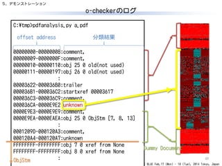 CODE BLUE Feb.17 (Mon) - 18 (Tue), 2014 Tokyo, Japan
o-checkerのログ
49
C:¥tmp>pdfanalysis.py a.pdf
00000000-00000008:comment,
00000009-0000000F:comment,
00000010-00000110:obj 25 0 old(not used)
00000111-00000197:obj 26 0 old(not used)
:
00003622-000036B0:trailer
000036B1-000036C2:startxref 00003617
000036C3-000036C9:comment,
000036CA-0000E9E2:unknown
0000E9E3-0000E9E9:comment,
0000E9EA-0000EAEA:obj 25 0 ObjStm [7, 8, 13]
:
0001209D-000120A3:comment,
000120A4-000120A7:unknown
FFFFFFFF-FFFFFFFF:obj 7 0 xref from None
FFFFFFFF-FFFFFFFF:obj 8 0 xref from None
:
offset address 分類結果
Dummy Document
ObjStm
５．デモンストレーション
 
