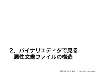 CODE BLUE Feb.17 (Mon) - 18 (Tue), 2014 Tokyo, Japan
２．バイナリエディタで見る
悪性文書ファイルの構造
9
 