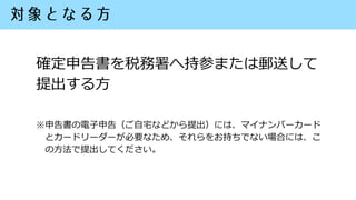 確定申告書を税務署へ持参または郵送して
提出する方
※申告書の電子申告（ご自宅などから提出）には、マイナンバーカード
とカードリーダーが必要なため、それらをお持ちでない場合には、こ
の方法で提出してください。
 