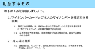 1.マイナンバーカードorご本人のマイナンバーを確認できる
書類
※1 確認できる書類とは、通知カードや住民票の写しや住民票記載事証明書
(いずれもマイナンバーの記載が確認できるもの）
※２ 配偶者控除や扶養控除、専従者控除を受ける場合には、該...