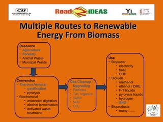 Multiple Routes to Renewable
     Energy From Biomass
 Resource
 • Agriculture
 • Forestry
 • Animal Waste                                 Use
 • Muncipal Waste                               • Biopower
                                                     • electricity
                                                     • heat
                                                     • CHP
                                                • Biofuels
Conversion                    Gas Cleanup /          • methanol
• Thermochemical                Upgrading            • ethanol / DME
     • gasification           • Particles            • F-T liquids
     • pyrolysis              • Tar, organics        • pyrolysis liquids
• Biochemical                 • Sulfur               • hydrogen
     • anaerobic digestion    • NOx                  • SNG
     • alcohol fermentation   • CO2             • Bioproducts
     • activated waste
                                                     • many ……
       treatment
 