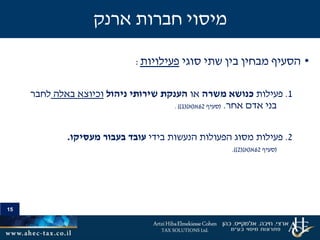 15
•‫סוגי‬ ‫שתי‬ ‫בין‬ ‫מבחין‬ ‫הסעיף‬‫פעילויות‬:
1.‫פעילות‬‫משרה‬ ‫כנושא‬‫או‬‫ניהול‬ ‫שירותי‬ ‫הענקת‬‫באלה‬ ‫וכיוצא‬‫לחבר‬
‫אחר‬ ‫אדם‬ ‫בני‬.(‫סעיף‬62‫א‬(‫א‬()1. ))
2.‫בידי‬ ‫הנעשות‬ ‫הפעולות‬ ‫מסוג‬ ‫פעילות‬‫מעסיקו‬ ‫בעבור‬ ‫עובד‬.
(‫סעיף‬62‫א‬(‫א‬()2.))
‫ארנק‬ ‫חברות‬ ‫מיסוי‬
 