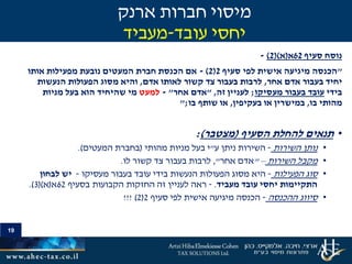 19
‫סעיף‬ ‫נוסח‬62‫א‬(‫א‬()2)-
"‫סעיף‬ ‫לפי‬ ‫אישית‬ ‫מיגיעה‬ ‫הכנסה‬2(2)-‫אותו‬ ‫מפעילות‬ ‫נובעת‬ ‫המעטים‬ ‫חברת‬ ‫הכנסת‬ ‫אם‬
‫אחר‬ ‫אדם‬ ‫בעבור‬ ‫יחיד‬,‫אדם‬ ‫לאותו‬ ‫קשור‬ ‫צד‬ ‫בעבור‬ ‫לרבות‬,‫הנעשות‬ ‫הפעולות‬ ‫מסוג‬ ‫והיא‬
‫בידי‬‫מעסיקו‬ ‫בעבור‬ ‫עובד‬;‫זה‬ ‫לעניין‬,"‫אחר‬ ‫אדם‬"-‫למעט‬‫מניות‬ ‫בעל‬ ‫הוא‬ ‫שהיחיד‬ ‫מי‬
‫בו‬ ‫מהותי‬,‫בעקיפין‬ ‫או‬ ‫במישרין‬,‫בו‬ ‫שותף‬ ‫או‬;"
•‫הסעיף‬ ‫להחלת‬ ‫תנאים‬(‫מצטבר‬):
•‫השירות‬ ‫נותן‬-‫ע‬ ‫ניתן‬ ‫השירות‬"‫מהותי‬ ‫מניות‬ ‫בעל‬ ‫י‬(‫המעטים‬ ‫בחברת‬.)
•‫השירות‬ ‫מקבל‬–"‫אחר‬ ‫אדם‬",‫בעבור‬ ‫לרבות‬‫צד‬‫לו‬ ‫קשור‬.
•‫הפעילות‬ ‫סוג‬-‫מעסיקו‬ ‫בעבור‬ ‫עובד‬ ‫בידי‬ ‫הנעשות‬ ‫הפעולות‬ ‫מסוג‬ ‫היא‬-‫לבחון‬ ‫יש‬
‫מעביד‬ ‫עובד‬ ‫יחסי‬ ‫התקיימות‬.-‫בסעיף‬ ‫הקבועות‬ ‫החזקות‬ ‫זה‬ ‫לעניין‬ ‫ראה‬62‫א‬(‫א‬()3.)
•‫ההכנסה‬ ‫סיווג‬-‫סעיף‬ ‫לפי‬ ‫אישית‬ ‫מיגיעה‬ ‫הכנסה‬2(2!!! )
‫ארנק‬ ‫חברות‬ ‫מיסוי‬
‫עובד‬ ‫יחסי‬-‫מעביד‬
 