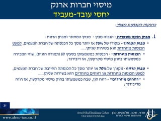 21
‫בסעיף‬ ‫הקבועות‬ ‫החזקות‬:
1.‫מבחן‬‫מספרית‬ ‫חזקה‬-‫מבין‬ ‫הגבוה‬-‫הרווח‬ ‫ומבחן‬ ‫המחזור‬ ‫מבחן‬:
•‫המחזור‬ ‫מבחן‬-‫של‬ ‫מקורן‬70%‫הכנסתה‬ ‫כל‬ ‫מסך‬ ‫יותר‬ ‫או‬‫של‬‫חברת‬‫המעטים‬,‫למעט‬
‫מיוחדות‬ ‫הכנסות‬‫הוא‬‫בשירות‬‫שניתן‬.....
•‫מיוחדות‬ ‫הכנסות‬"-‫בסעיף‬ ‫כמשמעותן‬ ‫הכנסות‬89(‫הונית‬ ‫תמורה‬),‫המכירה‬ ‫שווי‬
‫מקרקעין‬ ‫מיסוי‬ ‫בחוק‬ ‫כמשמעותו‬,‫דיבידנד‬ ‫או‬;
•‫הרווח‬ ‫מבחן‬-‫מקורן‬‫של‬70%‫כל‬ ‫מסך‬ ‫יותר‬ ‫או‬‫החייבת‬ ‫הכנסתה‬‫המעטים‬ ‫חברת‬ ‫של‬,
‫למעט‬‫מיוחדים‬ ‫רווחים‬ ‫או‬ ‫מיוחדות‬ ‫הכנסות‬‫הוא‬‫בשירות‬‫שניתן‬.....
•"‫רווחים‬‫מיוחדים‬"-‫הון‬ ‫רווח‬,‫מקרקעין‬ ‫מיסוי‬ ‫בחוק‬ ‫כמשמעותו‬ ‫שבח‬,‫רווח‬ ‫או‬
‫מדיבידנד‬;
‫ארנק‬ ‫חברות‬ ‫מיסוי‬
‫עובד‬ ‫יחסי‬-‫מעביד‬
 