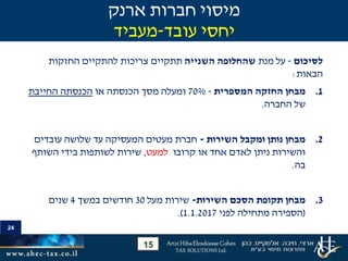 24
‫לסיכום‬-‫מנת‬ ‫על‬‫השנייה‬ ‫שהחלופה‬‫החזקות‬ ‫להתקיים‬ ‫צריכות‬ ‫תתקיים‬
‫הבאות‬:
.1‫המספרית‬ ‫החזקה‬ ‫מבחן‬-70%‫או‬ ‫הכנסתה‬ ‫מסך‬ ‫ומעלה‬‫החייבת‬ ‫הכנסתה‬
‫החברה‬ ‫של‬.
.2‫השירות‬ ‫ומקבל‬ ‫נותן‬ ‫מבחן‬-‫עובדים‬ ‫שלושה‬ ‫עד‬ ‫המעסיקה‬ ‫מעטים‬ ‫חברת‬
‫קרובו‬ ‫או‬ ‫אחד‬ ‫לאדם‬ ‫ניתן‬ ‫והשירות‬‫למעט‬,‫השותף‬ ‫בידי‬ ‫לשותפות‬ ‫שירות‬
‫בה‬.
.3‫השירות‬ ‫הסכם‬ ‫תקופת‬ ‫מבחן‬-‫מעל‬ ‫שירות‬30‫במשך‬ ‫חודשים‬4‫שנים‬
(‫לפני‬ ‫מתחילה‬ ‫הספירה‬1.1.2017.)
‫ארנק‬ ‫חברות‬ ‫מיסוי‬
‫עובד‬ ‫יחסי‬-‫מעביד‬
15
 