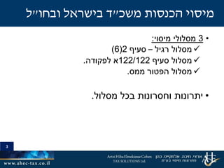 3
•3‫מיסוי‬ ‫מסלולי‬:
‫רגיל‬ ‫מסלול‬–‫סעיף‬2(6)
‫סעיף‬ ‫מסלול‬122/122‫לפקודה‬ ‫א‬.
‫ממס‬ ‫הפטור‬ ‫מסלול‬.
•‫מסלול‬ ‫בכל‬ ‫וחסרונות‬ ‫יתרונות‬.
3
‫משכ‬ ‫הכנסות‬ ‫מיסוי‬"‫ובחו‬ ‫בישראל‬ ‫ד‬"‫ל‬
 