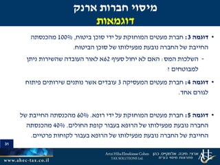 31
•‫דוגמה‬3:‫ביטוח‬ ‫סוכן‬ ‫ידי‬ ‫על‬ ‫המוחזקת‬ ‫מעטים‬ ‫חברת‬,100%‫מהכנסתה‬
‫הביטוח‬ ‫סוכן‬ ‫של‬ ‫מפעילותו‬ ‫נובעת‬ ‫החברה‬ ‫של‬ ‫החייבת‬.
-‫המס‬ ‫השלכות‬:‫סעיף‬ ‫יחול‬ ‫לא‬ ‫האם‬62‫ניתן‬ ‫שהשירות‬ ‫העובדה‬ ‫לאור‬ ‫א‬
‫למבוטחים‬?
•‫דוגמה‬4:‫המעסיקה‬ ‫מעטים‬ ‫חברת‬3‫פיתוח‬ ‫שירותים‬ ‫נותנים‬ ‫אשר‬ ‫עובדים‬
‫אחד‬ ‫לגורם‬.
•‫דוגמה‬5:‫רופא‬ ‫ידי‬ ‫על‬ ‫המוחזקת‬ ‫מעטים‬ ‫חברת‬.60%‫של‬ ‫החייבת‬ ‫מהכנסתה‬
‫החברה‬‫נובעת‬‫החולים‬ ‫קופת‬ ‫בעבור‬ ‫הרופא‬ ‫של‬ ‫מפעילותו‬.40%‫מהכנסתה‬
‫החברה‬ ‫של‬ ‫החייבת‬‫נובעת‬‫פרטיים‬ ‫לקוחות‬ ‫בעבור‬ ‫הרופא‬ ‫של‬ ‫מפעילותו‬.
‫ארנק‬ ‫חברות‬ ‫מיסוי‬
‫דוגמאות‬
 