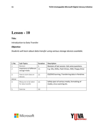 11 YUVA Unstoppable-Microsoft Digital Literacy Initiative
Lesson - 10
Title:
Introduction to Data Transfer
Objective:
Students will learn about data transfer using various storage devices available.
S. No. Sub-Topics Duration Description
1 Revision 5 Revision of last session. Ask some questions.
2 Importance of different
storage media
15 E.g. CDs, DVDs, Flash Drives, HDD, Floppy Drive
3 How to store data on
devices
15 CD/DVD burning, Transferring data in Pendrive.
BREAK
4 Measures to be taken
for data transfer
15 Safely eject of various media, formatting of
media, virus scanning etc.
5 Exercise 10
 