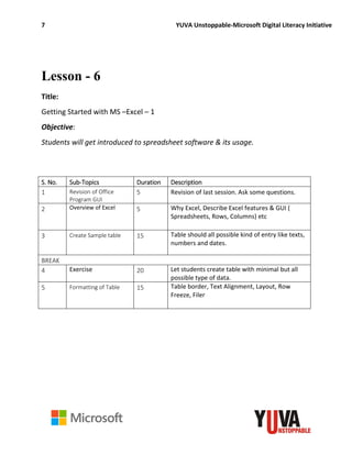 7 YUVA Unstoppable-Microsoft Digital Literacy Initiative
Lesson - 6
Title:
Getting Started with MS –Excel – 1
Objective:
Students will get introduced to spreadsheet software & its usage.
S. No. Sub-Topics Duration Description
1 Revision of Office
Program GUI
5 Revision of last session. Ask some questions.
2 Overview of Excel 5 Why Excel, Describe Excel features & GUI (
Spreadsheets, Rows, Columns) etc
3 Create Sample table 15 Table should all possible kind of entry like texts,
numbers and dates.
BREAK
4 Exercise 20 Let students create table with minimal but all
possible type of data.
5 Formatting of Table 15 Table border, Text Alignment, Layout, Row
Freeze, Filer
 