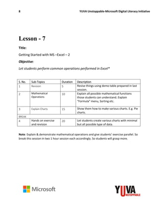 8 YUVA Unstoppable-Microsoft Digital Literacy Initiative
Lesson - 7
Title:
Getting Started with MS –Excel – 2
Objective:
Let students perform common operations performed in Excel*
S. No. Sub-Topics Duration Description
1 Revision 5 Revise things using demo table prepared in last
session.
2 Mathematical
Operations
10 Explain all possible mathematical functions
those students can understand. Explain
“Formula” menu, Sorting etc.
3 Explain Charts 15 Show them how to make various charts. E.g. Pie
charts.
BREAK
4 Hands on exercise
and revision
20 Let students create various charts with minimal
but all possible type of data.
Note: Explain & demonstrate mathematical operations and give students’ exercise parallel. So
break this session in two 1 hour session each accordingly. So students will grasp more.
 