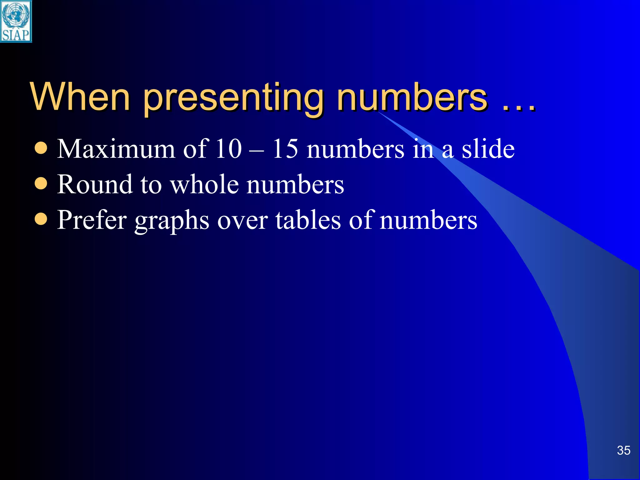 When presenting numbers … Maximum of 10 – 15 numbers in a slide Round to whole numbers Prefer graphs over tables of numbers 
