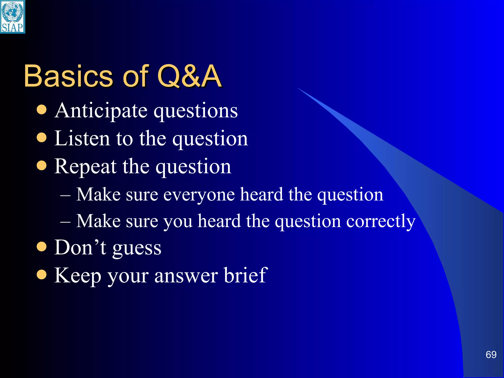 Basics of Q&A Anticipate questions Listen to the question Repeat the question Make sure everyone heard the question Make sure you heard the question correctly Don’t guess Keep your answer brief 