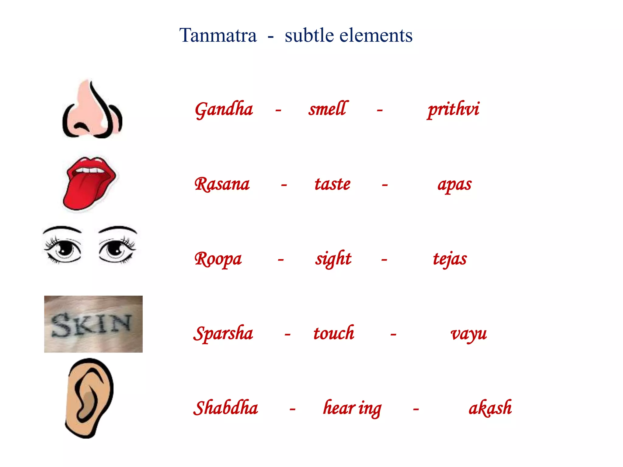 Tanmatra - subtle elements
Gandha - smell - prithvi
Rasana - taste - apas
Roopa - sight - tejas
Sparsha - touch - vayu
Shabdha - hear ing - akash
 