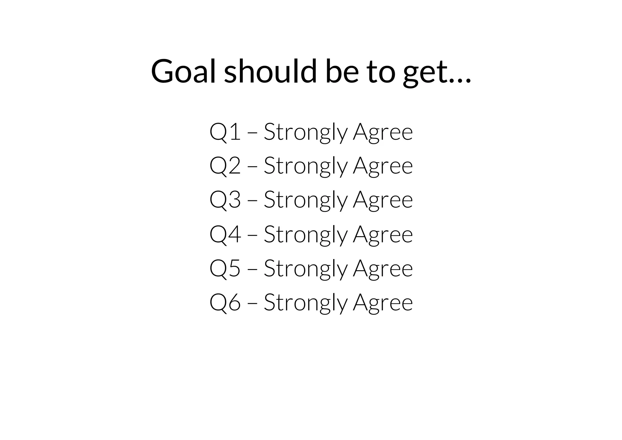 Goal should be to get… 
Q1 – Strongly Agree 
Q2 – Strongly Agree 
Q3 – Strongly Agree 
Q4 – Strongly Agree 
Q5 – Strongly Agree 
Q6 – Strongly Agree 
 