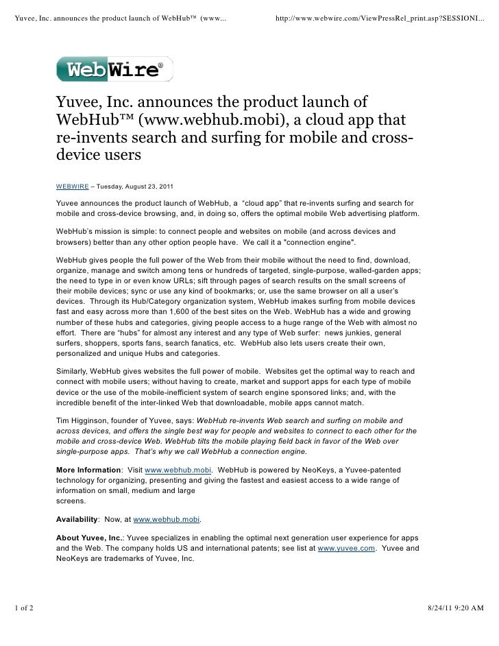 yuvee press release 2011 3 announcing product launch of www webhub mo product press release