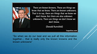 “So when we do our best and we pull all this information
together… that is really only the known knowns and the
known unknowns”
 
