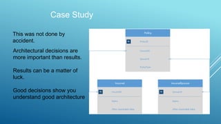 This was not done by
accident.
Architectural decisions are
more important than results.
Results can be a matter of
luck.
Good decisions show you
understand good architecture
Case Study
 