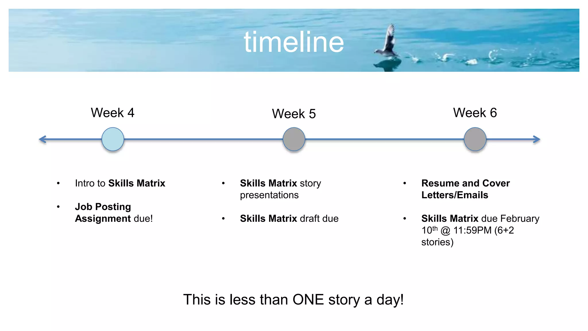 timeline
This is less than ONE story a day!
• Intro to Skills Matrix
• Job Posting
Assignment due!
Week 4 Week 6Week 5
• Skills Matrix story
presentations
• Skills Matrix draft due
• Resume and Cover
Letters/Emails
• Skills Matrix due February
10th @ 11:59PM (6+2
stories)
 