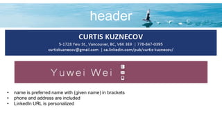 header
• name is preferred name with (given name) in brackets
• phone and address are included
• LinkedIn URL is personalized
 