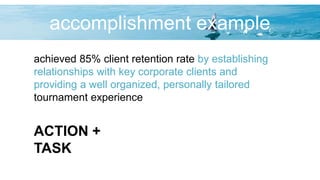 accomplishment example
achieved 85% client retention rate by establishing
relationships with key corporate clients and
providing a well organized, personally tailored
tournament experience
ACTION +
TASK
 