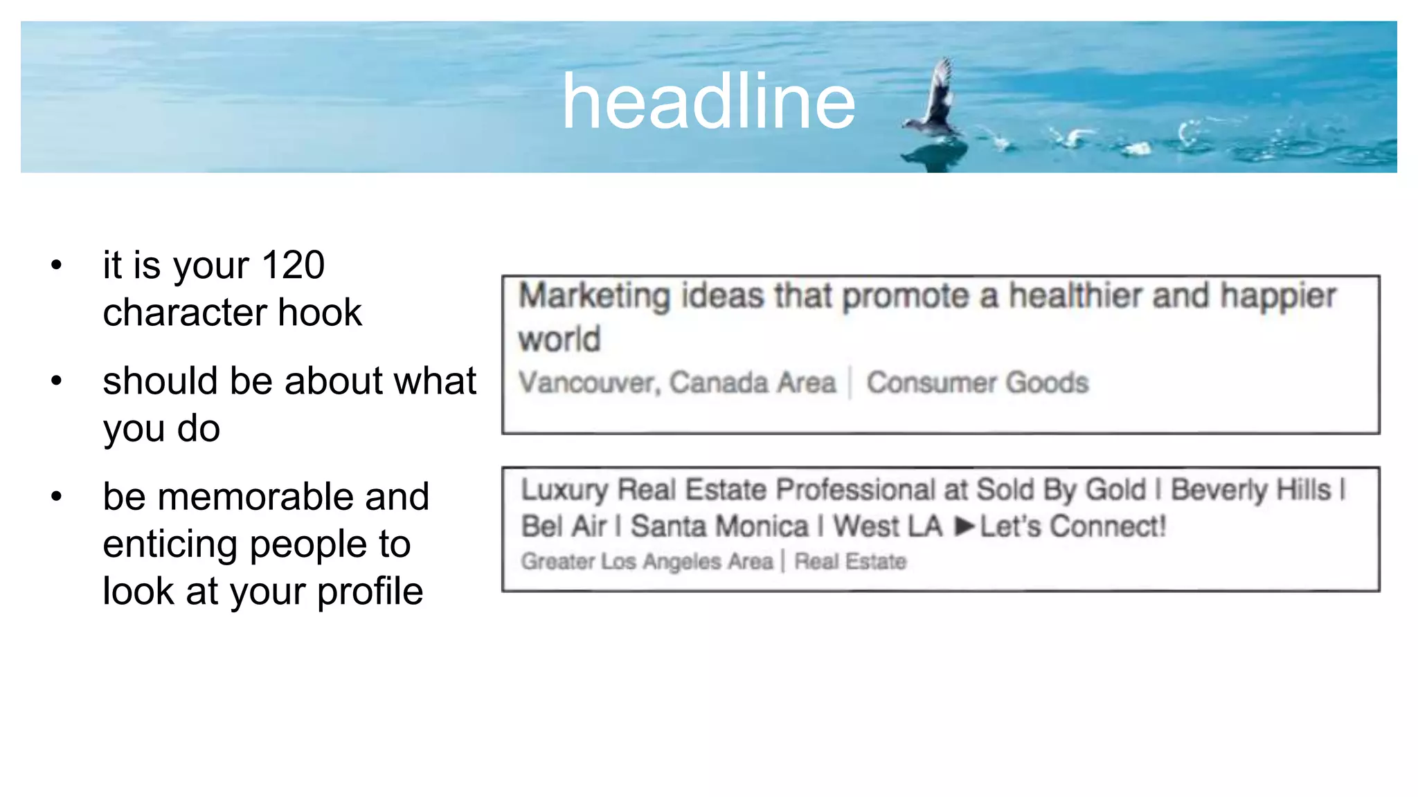 headline
• it is your 120
character hook
• should be about what
you do
• be memorable and
enticing people to
look at your profile
 
