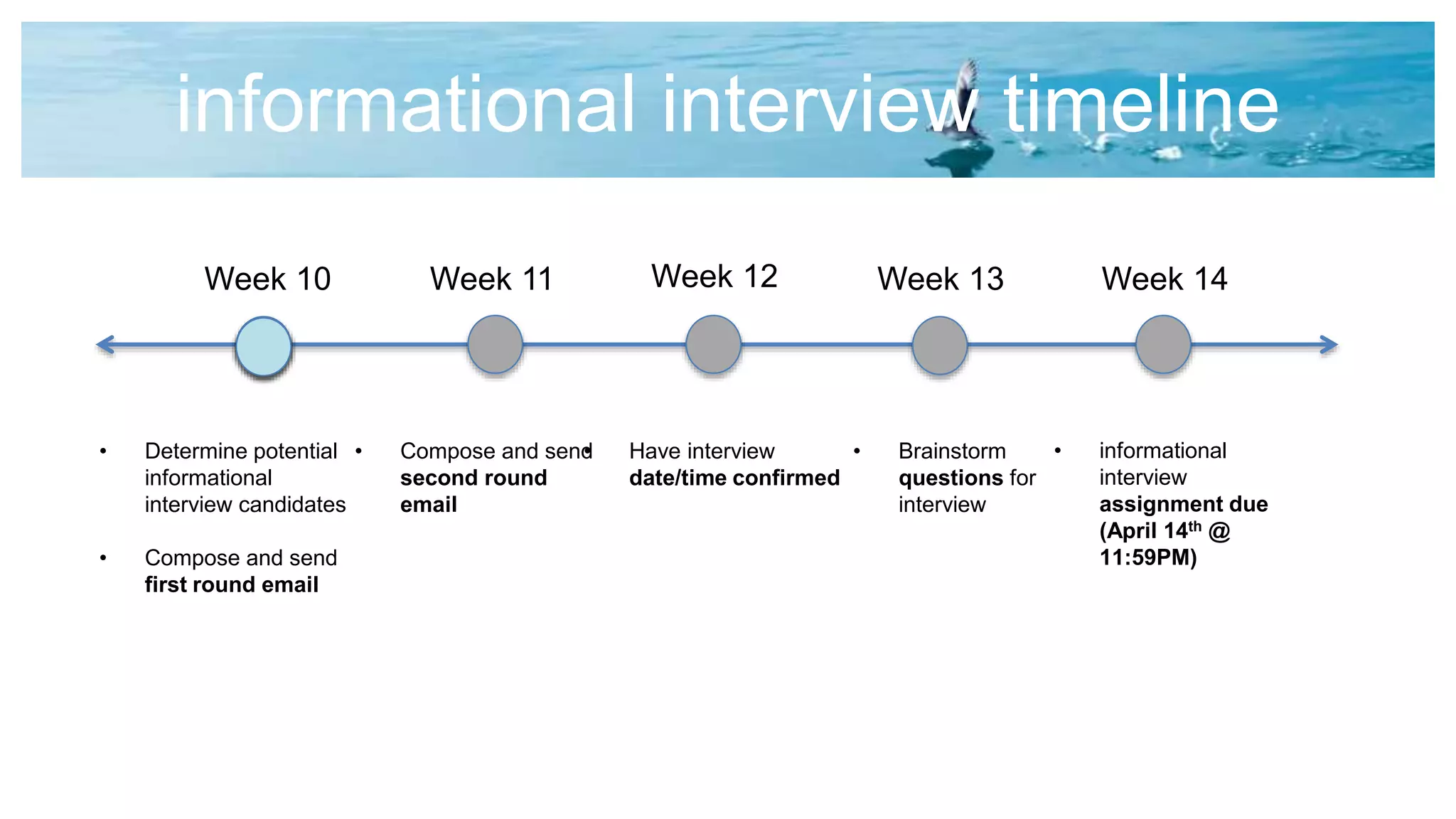 informational interview timeline
Week 10 Week 14Week 11 Week 13
• Determine potential
informational
interview candidates
• Compose and send
first round email
• Have interview
date/time confirmed
• Brainstorm
questions for
interview
Week 12
• Compose and send
second round
email
• informational
interview
assignment due
(April 14th @
11:59PM)
 