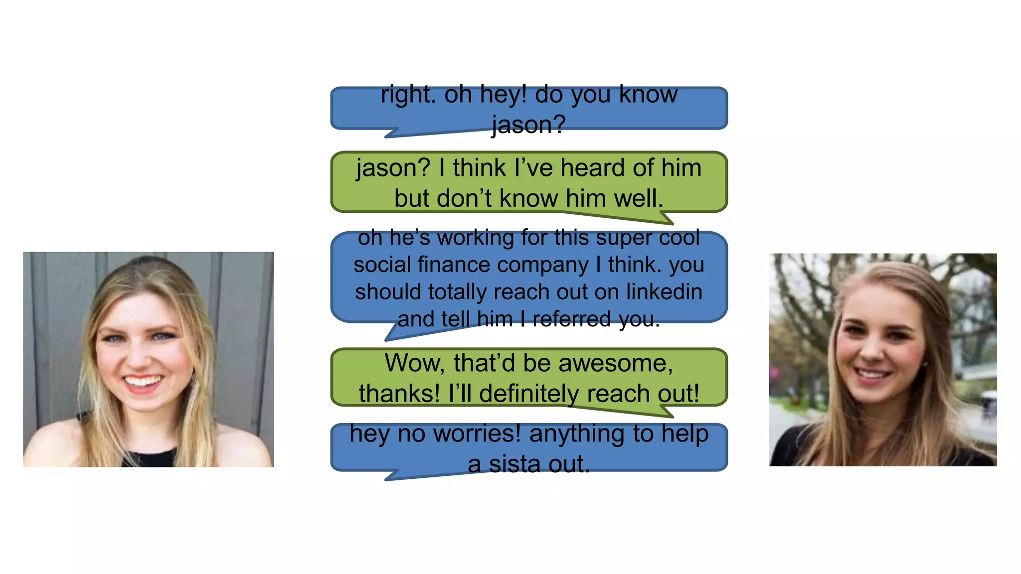 right. oh hey! do you know
jason?
jason? I think I’ve heard of him
but don’t know him well.
oh he’s working for this super cool
social finance company I think. you
should totally reach out on linkedin
and tell him I referred you.
Wow, that’d be awesome,
thanks! I’ll definitely reach out!
hey no worries! anything to help
a sista out.
 