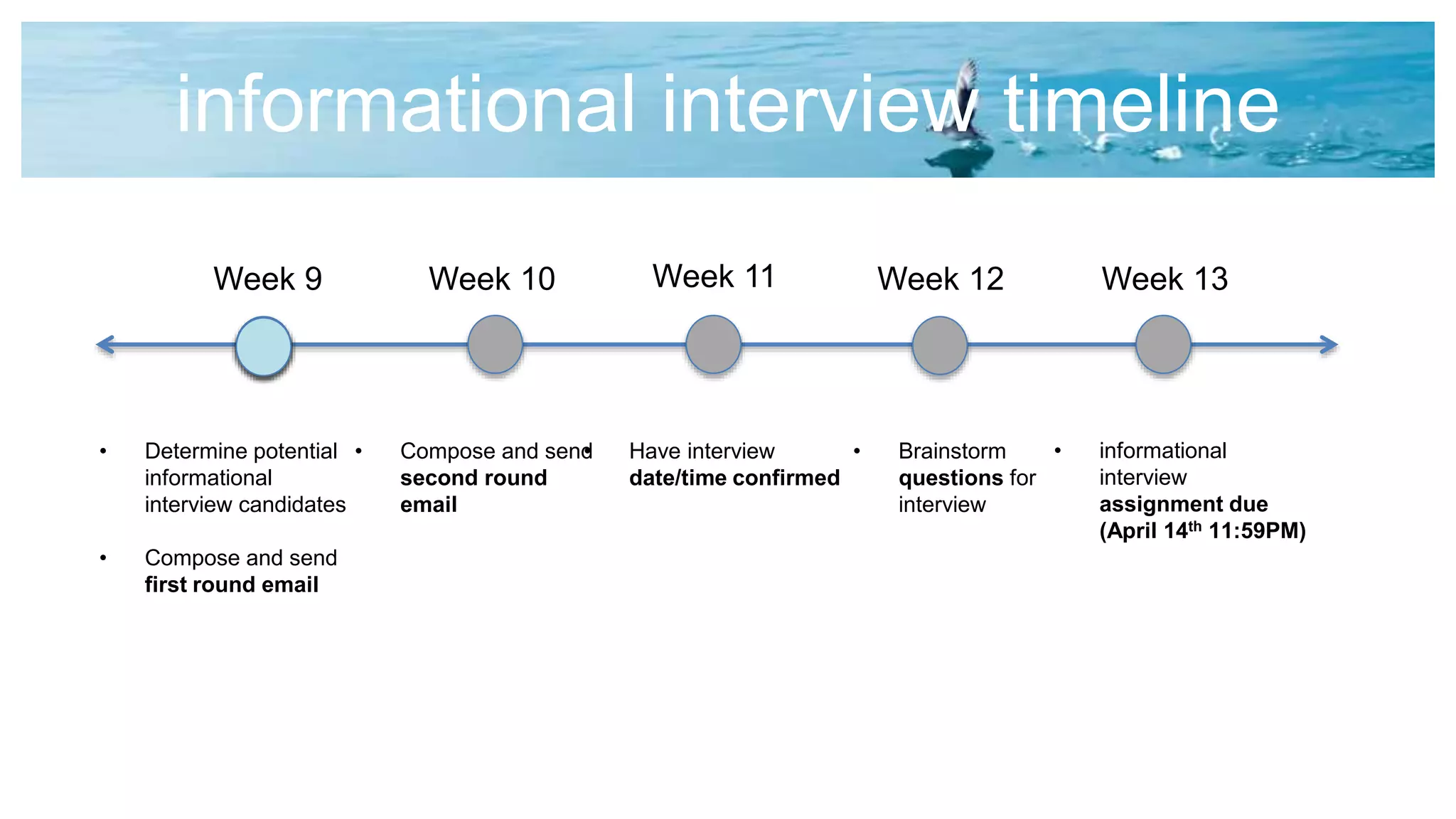 informational interview timeline
Week 9 Week 13Week 10 Week 12
• Determine potential
informational
interview candidates
• Compose and send
first round email
• Have interview
date/time confirmed
• Brainstorm
questions for
interview
Week 11
• Compose and send
second round
email
• informational
interview
assignment due
(April 14th 11:59PM)
 
