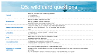 Q5: wild card questions
FINANCE
WHAT ARE THE THREE WAYS TO VALUE A COMPANY?
PITCH ME A STOCK
SO MANY CURVEBALLS…
ACCOUNTING
WHY DO YOU WANT TO PURSUE YOUR CPA?
WHY DO YOU WANT TO WORK FOR X FIRM?
WALK ME THROUGH AN ACCOUNTS PAYABLE CYCLE?
MANAGEMENT CONSULTING
HOW MANY WORDS ARE ON THE FRONT PAGE OF THE NEW YORK TIMES?
WHAT ARE YOUR 5 WEAKNESSES? … TELL ME ANOTHER … AND ANOTHER
CASES
MARKETING
HOW WOULD YOU INCREASE SALES OF X PRODUCT BY X%?
SELL ME THIS PEN
TLOG
WHAT WOULD YOU DO TO INCREASE OUR PRODUCTIVITY?
HOW MANY CHAIRS ARE IN SAUDER?
HUMAN RESOURCES
HOW SHOULD WE CHANGE OUR HIRING PROCESS?
HOW WOULD YOU FIRE ME IF YOU HAD TO DO IT RIGHT NOW?
RANDOM QUESTIONS OR
SCENARIOS
WOULD YOU RATHER GO SKY DIVING OR SCUBA DIVING AND WHY?
HOW WOULD YOU DIVIDE A CAKE INTO 8 EQUAL PIECES WITH ONLY 3 KNIFE CUTS? [ROLE PLAYING A DECISION MAKING
SITUATION]
TELL ME ABOUT SOME NEWS YOU HAVE READ RECENTLY AND HOW IT RELATES TO THIS JOB?
 