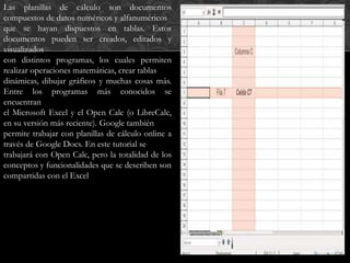 Las planillas de cálculo son documentos 
compuestos de datos numéricos y alfanuméricos 
que se hayan dispuestos en tablas. Estos 
documentos pueden ser creados, editados y 
visualizados 
con distintos programas, los cuales permiten 
realizar operaciones matemáticas, crear tablas 
dinámicas, dibujar gráficos y muchas cosas más. 
Entre los programas más conocidos se 
encuentran 
el Microsoft Excel y el Open Calc (o LibreCalc, 
en su versión más reciente). Google también 
permite trabajar con planillas de cálculo online a 
través de Google Docs. En este tutorial se 
trabajará con Open Calc, pero la totalidad de los 
conceptos y funcionalidades que se describen son 
compartidas con el Excel 
 