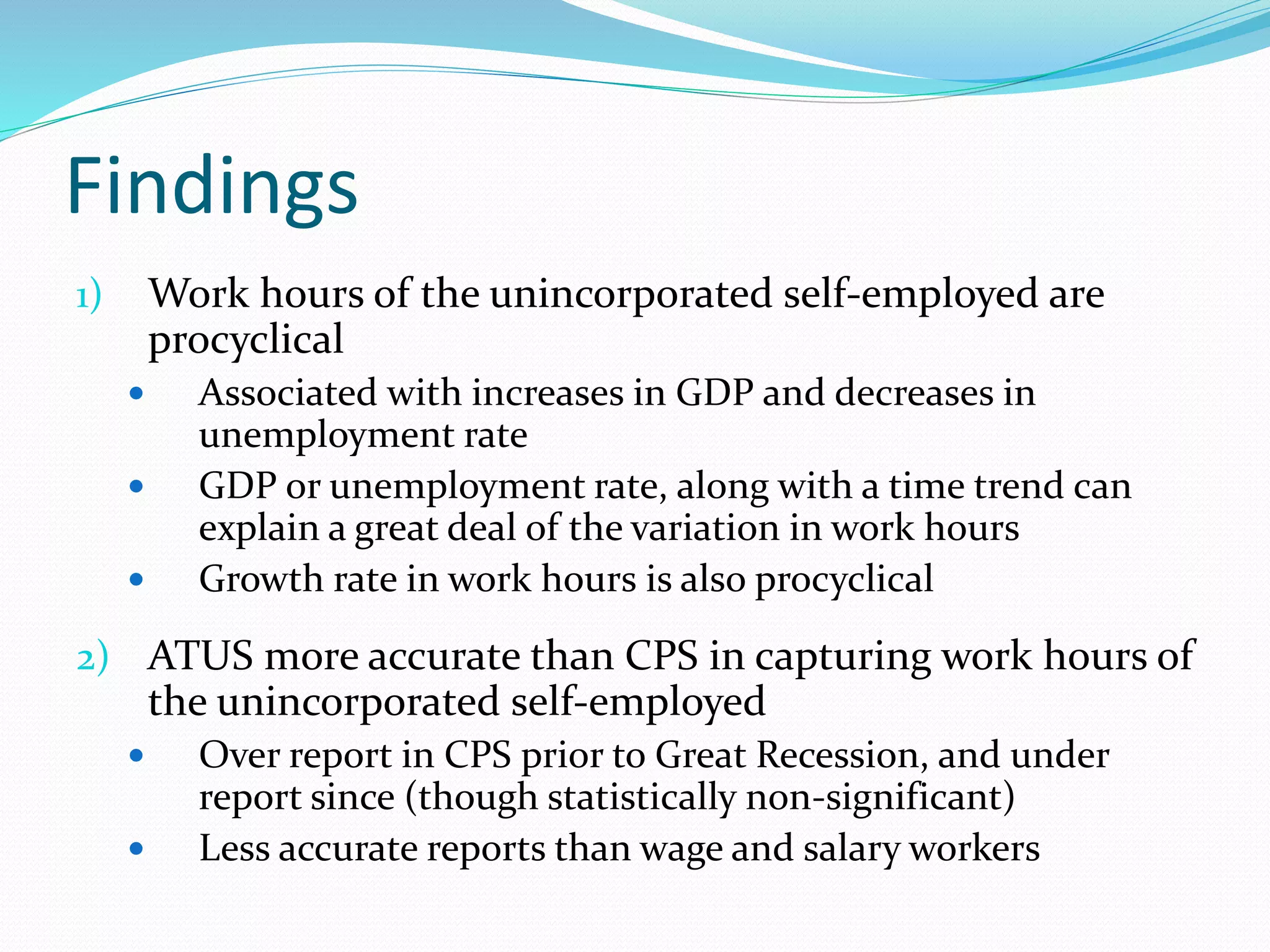 Findings 
1) Work hours of the unincorporated self-employed are 
procyclical 
 Associated with increases in GDP and decreases in 
unemployment rate 
 GDP or unemployment rate, along with a time trend can 
explain a great deal of the variation in work hours 
 Growth rate in work hours is also procyclical 
2) ATUS more accurate than CPS in capturing work hours of 
the unincorporated self-employed 
 Over report in CPS prior to Great Recession, and under 
report since (though statistically non-significant) 
 Less accurate reports than wage and salary workers 
 