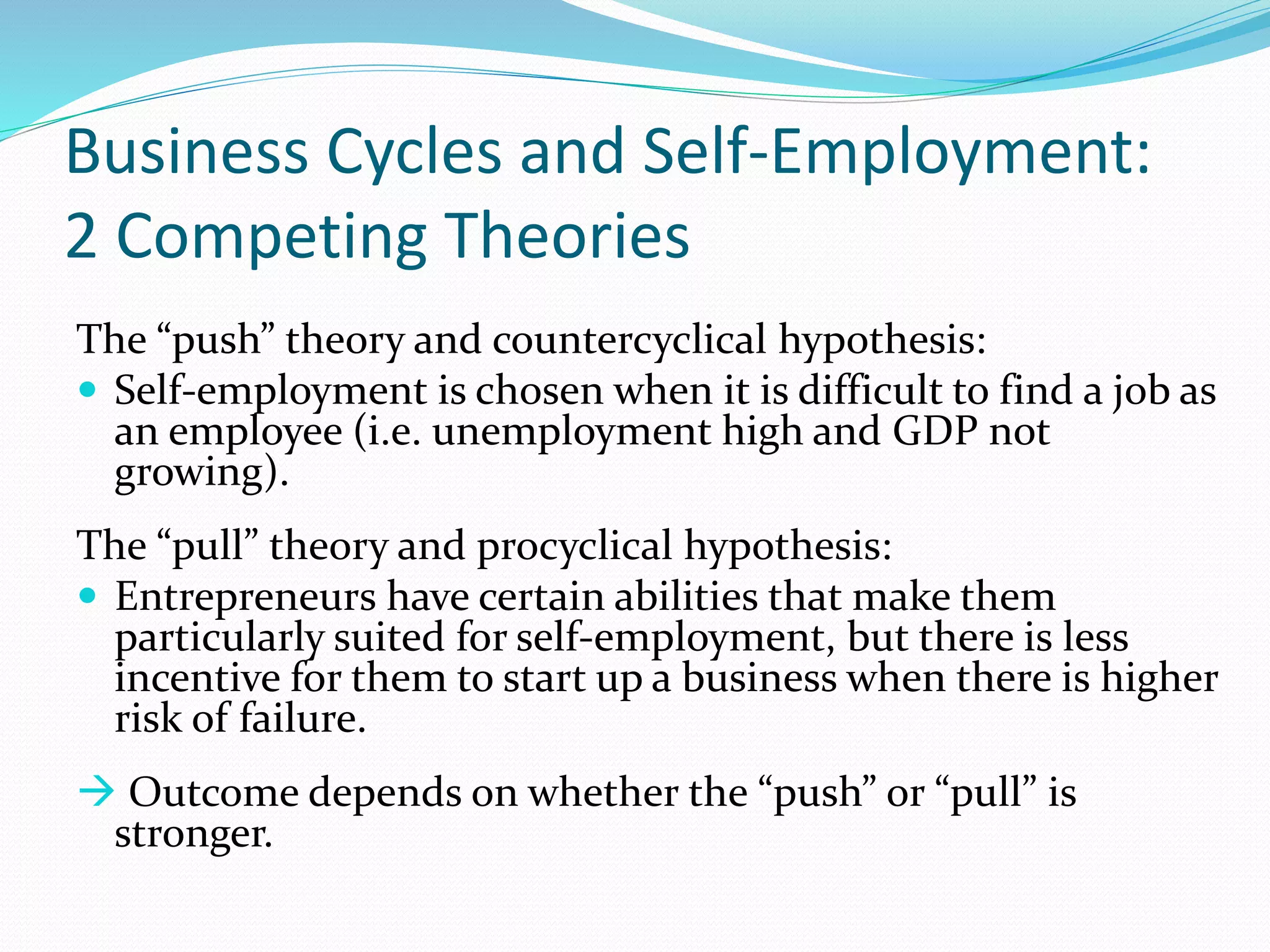 Business Cycles and Self-Employment: 
2 Competing Theories 
The “push” theory and countercyclical hypothesis: 
 Self-employment is chosen when it is difficult to find a job as 
an employee (i.e. unemployment high and GDP not 
growing). 
The “pull” theory and procyclical hypothesis: 
 Entrepreneurs have certain abilities that make them 
particularly suited for self-employment, but there is less 
incentive for them to start up a business when there is higher 
risk of failure. 
 Outcome depends on whether the “push” or “pull” is 
stronger. 
 