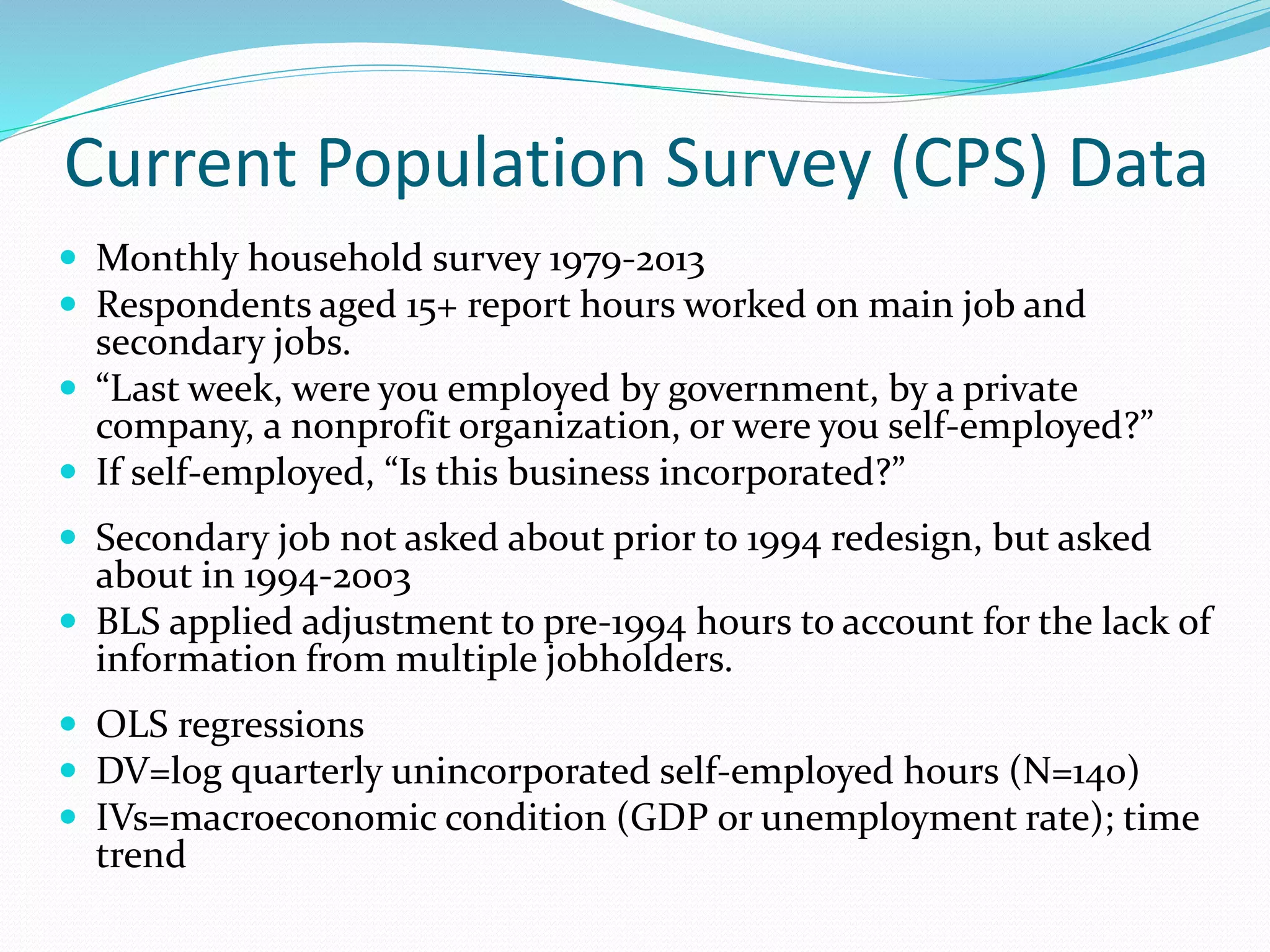 Current Population Survey (CPS) Data 
 Monthly household survey 1979-2013 
 Respondents aged 15+ report hours worked on main job and 
secondary jobs. 
 “Last week, were you employed by government, by a private 
company, a nonprofit organization, or were you self-employed?” 
 If self-employed, “Is this business incorporated?” 
 Secondary job not asked about prior to 1994 redesign, but asked 
about in 1994-2003 
 BLS applied adjustment to pre-1994 hours to account for the lack of 
information from multiple jobholders. 
 OLS regressions 
 DV=log quarterly unincorporated self-employed hours (N=140) 
 IVs=macroeconomic condition (GDP or unemployment rate); time 
trend 
 