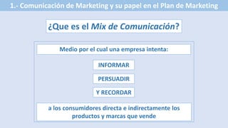 ¿Que es el Mix de Comunicación?
1.- Comunicación de Marketing y su papel en el Plan de Marketing
Medio por el cual una empresa intenta:
INFORMAR
PERSUADIR
Y RECORDAR
a los consumidores directa e indirectamente los
productos y marcas que vende
 