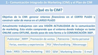 2.- Comunicación Integrada de Marketing (CIM) y el Plan de CIM
Objetivo de la CIM: generar retornos financieros en el CORTO PLAZO y
construir valor de marca en el LARGO PLAZO
¿Qué es la CIM?
Actualmente trabajamos con una VISIÓN ACTUALIZADA de la comunicación
de marketing. Esta visión comprende que el entorno donde trabajar es tanto
ONLINE como OFFLINE, dando paso de esta forma a la COMUNICACIÓN 360º.
Marketing DirectoSEMSEOOnline MarketingRRSSWeb
MecenazgoMerchandisingPLVFerias, eventos y experiencias
Venta personalPatrocinioPromoción de ventasRRPPPublicidad
E-mail
 