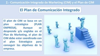 2.- Comunicación Integrada de Marketing (CIM) y el Plan de CIM
El Plan de Comunicación Integrado
El plan de CIM se basa en un
plan estratégico (PLAN
EMPRESA). Aunque se
desprende y/o engloba en el
Plan de Marketing, el plan de
CIM debe estar coordinado con
el plan Estratégico para
conseguir los objetivos de la
empresa.
 