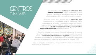 Centros
YUZZ 2014
Los centros YUZZ están localizados en instalaciones de las
entidades colaboradoras: campus universitarios, parques
científicos y tecnológicos, ayuntamientos, agencias de desa-
rrollo locales y regionales, o centros de empresas e innovación.
Todos los centros YUZZ disponen de un coordinador local.
Corresponde a los coordinadores locales la interlocución con los
responsables de la logística y coordinación general y el control y
seguimiento del Programa YUZZ en sus centros. Los coordinadores
locales ejercen de facilitadores de las actividades y de dinamizadores
del proceso de aprendizaje de los emprendedores.
Aunque no participan como expertos o tutores en el programa, los coordina-
dores locales cuentan con experiencia en materia de innovación o emprendi-
miento y participan en unidades técnicas o de gestión de las entidades cola-
boradoras con competencias en esta materia. Todas las entidades colaboradoras
participan de forma directa o indirecta en la financiación del Programa YUZZ.
Todas las entidades colaboradoras participan de forma directa o indirecta en la
financiación del Programa YUZZ.
 