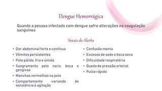 Dengue Hemorrágica
Quando a pessoa infectado com dengue sofre alterações na coagulação
sanguínea
Sinais de Alerta
• Dor abdominal forte e contínua
• Vômitos persistentes
• Pele pálida, fria e úmida
• Sangramento pelo nariz, boca e
gengivas
• Manchas vermelhas na pele
• Comportamento variando de
sonolência à agitação
• Confusão menta
• Excesso de sede e boca seca
• Dificuldade respiratória
• Queda de pressão arterial
• Pulso rápido
 
