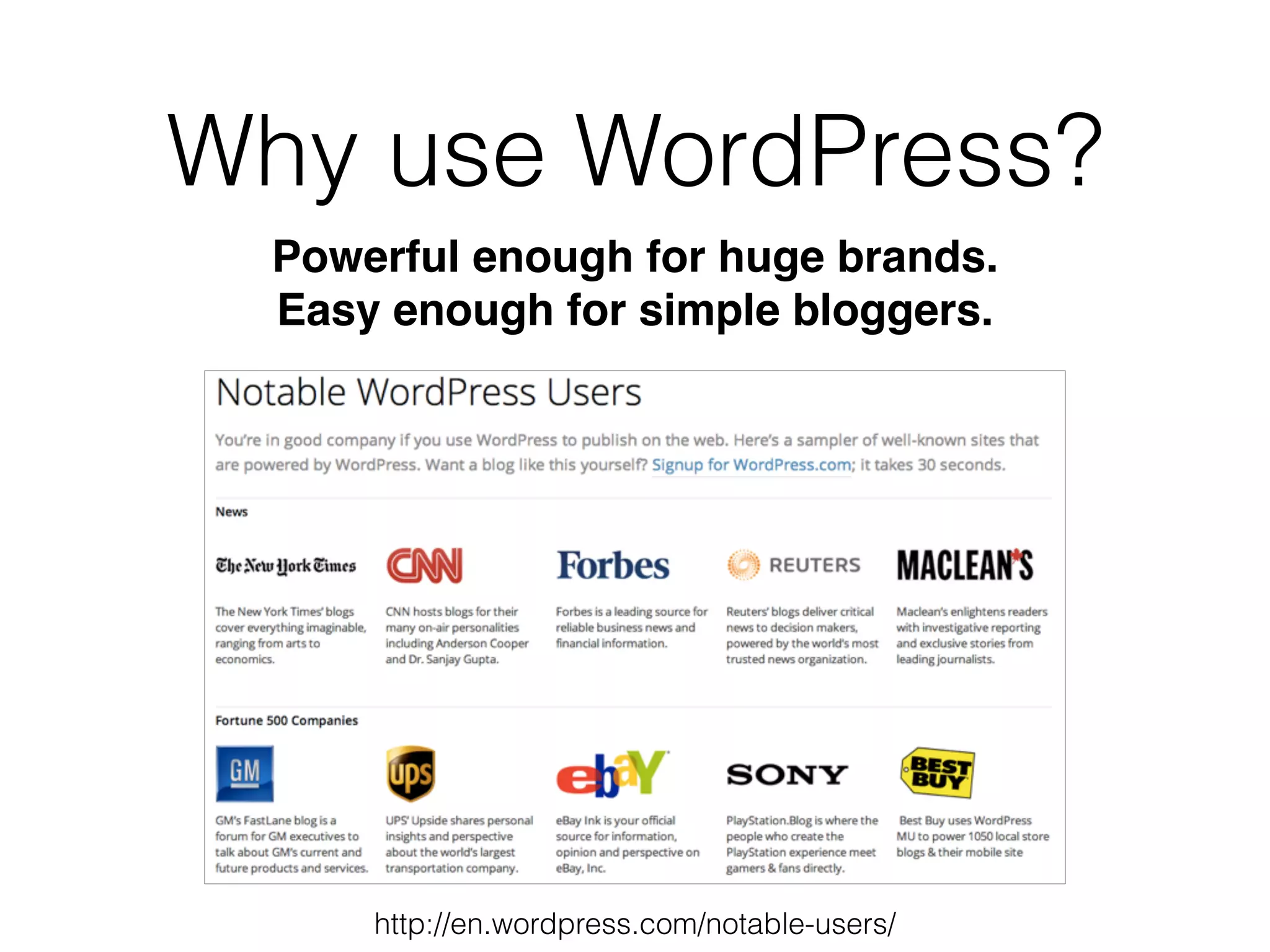 Why use WordPress?
Powerful enough for huge brands.
Easy enough for simple bloggers.
http://en.wordpress.com/notable-users/
 
