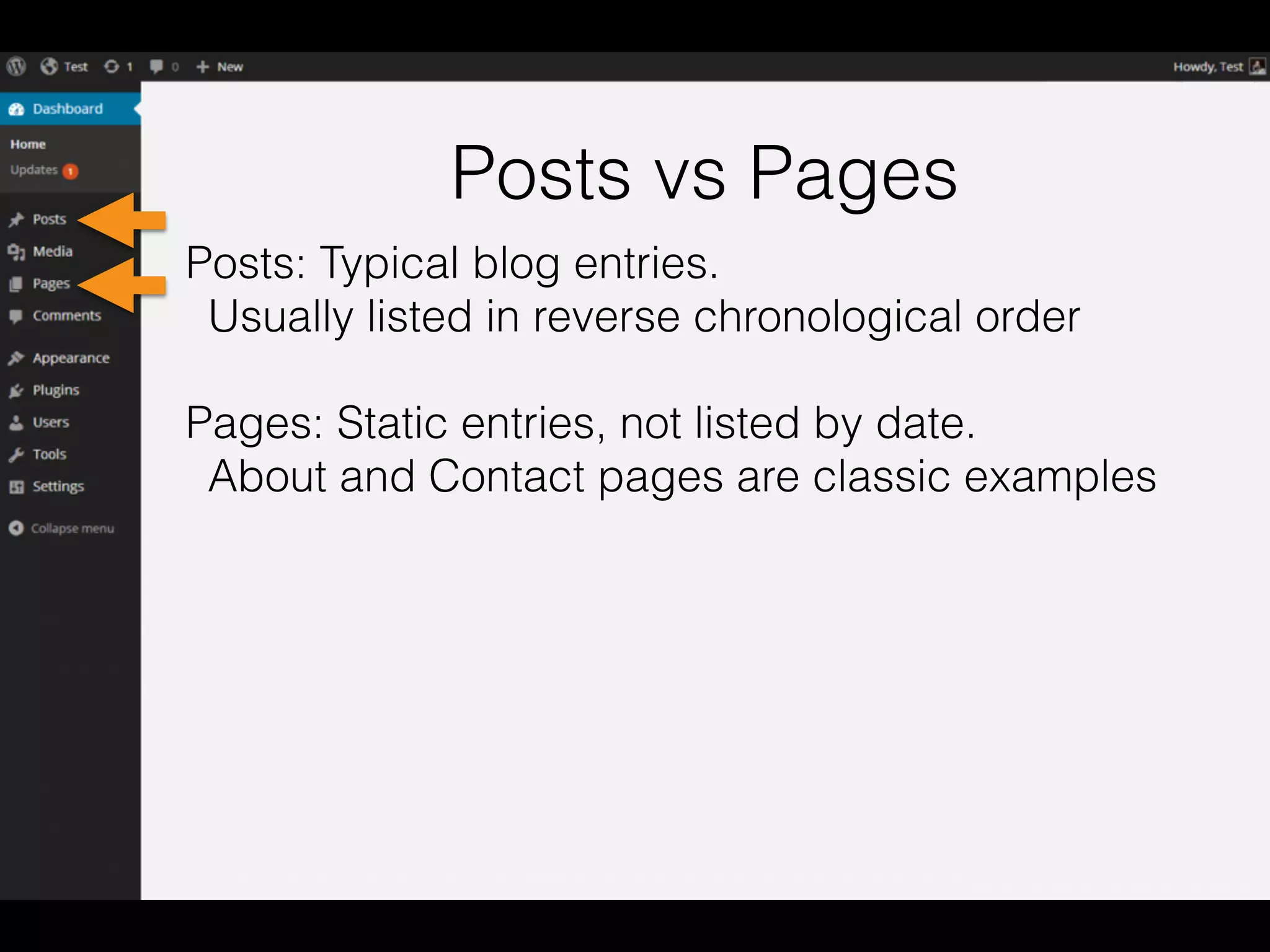 Posts vs Pages
Posts: Typical blog entries.
Usually listed in reverse chronological order
Pages: Static entries, not listed by date.
About and Contact pages are classic examples
 