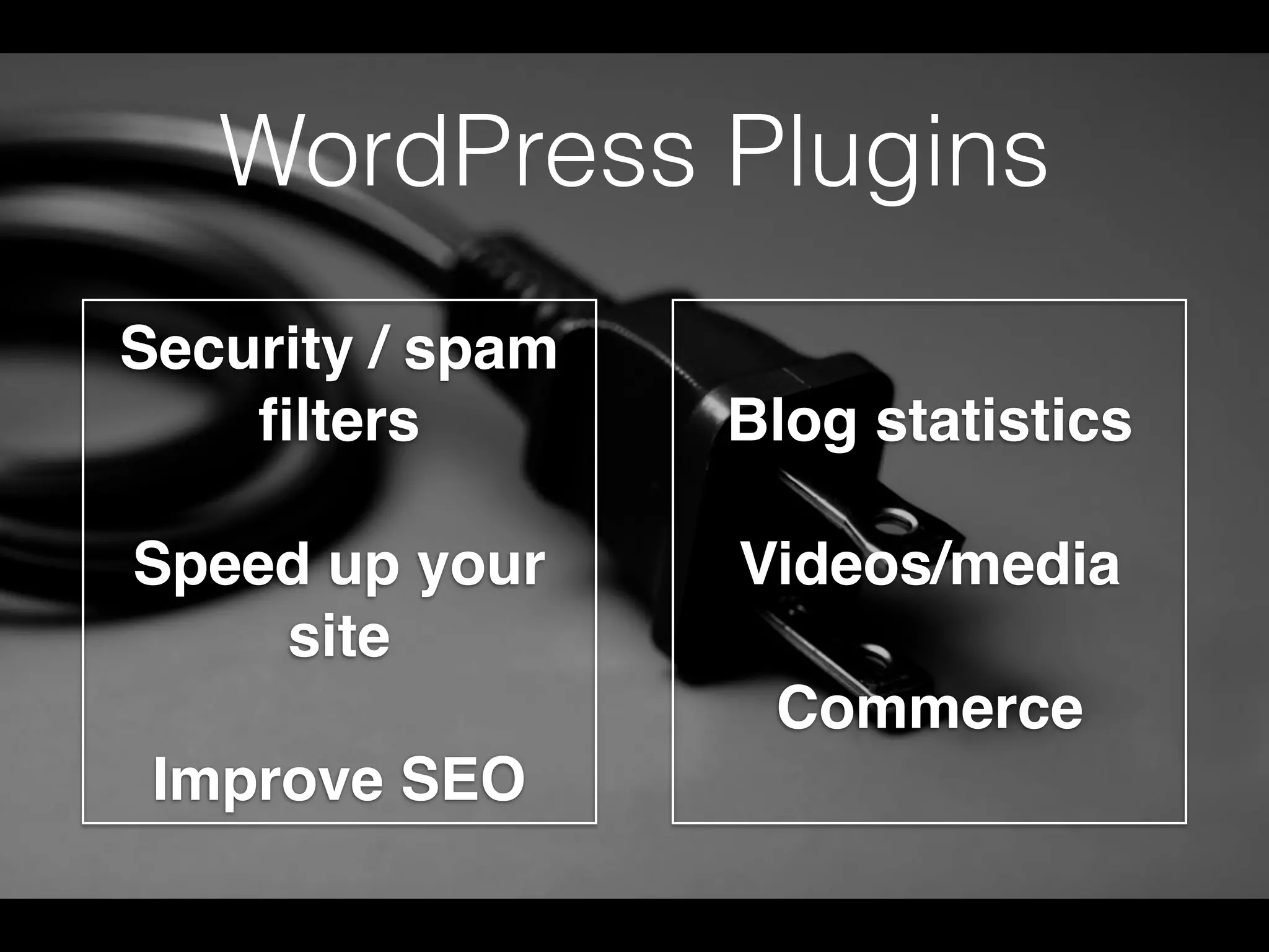 WordPress Plugins
Security / spam
ﬁlters
Speed up your
site
Improve SEO
Blog statistics
Videos/media
Commerce
 