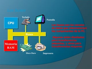 Los buses
.
CPU
Memoria
RAM
Buses
Teclado
Pantalla
ImpresoraDisco Duro
Los buses son los canales
de datos que interconectan
los componentes de la PC.
Algunos están diseñados
para transferencias
pequeñas, y otros para
transferencias mayores.
 