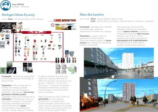 Yvan TEYPAZ
            Designer - urbaniste



Horloges Orium F4 2013                                                                 Place des Lauriers
2006 - Client : AIC-International, vente à distance.                                   2007-2008 - Client : Nantes Habitat, bailleur social.
                                                                                                  Team : Laurent Melet, sociologue ; Manuella Mercier, architecte - geographe.


                                                                                       Commande : Revitaliser une centralité      Nous proposons d’ouvrir un flux
                                                                                       de quartier pour contrer les               piétonnier nord-sud par l'ouverture
                                                                                       phénomènes d'inciviltés qui y règnent.     vers les espaces connexes, installation
                                                                                                                                  du kiosque central pour attirer les gens
                                                                                       Proposition : La place souffre de          depuis le tram ou la rue vers les
                                                                                       présences et de flux résiduels.            commerces de la place, opérations de
                                                                                       Nous nous sommes inspirés du forum         balconisation et de résidentialisation,
                                                                                       romain pour redonner une dimension         réintégration de la nature dans le
                                                                                       humaine à l'ensemble.                      paysage, cheminements minéraux.




Commande : Identifier les opportunités       Il s'agit de s'inspirer de la démarche
de développement pour les horloges de        utilisée par le groupe SEB entre ses
bureau Orium.                                différentes marques, pour proposer une
                                             gamme « référence » et une autre «
Proposition : Suite au diagnostic, la        dynamique ». Au-dessus, une gamme
lisibilité de la marque apparaît             d'exception deviendrait le principal
compliquée à cause des gammes                vecteur d'image, le moteur qui tire le
disparates et du manque d'une écriture       reste de la gamme.
génératrice d'identité produit.
La première étape que je soumets est de      Enfin, j'ai proposé la mise en place de
rationaliser les déclinaisons. Ainsi, sur    partenariats avec des marques
une même mécanique, il est possible          prestigieuses et reconnues dans
d'aménager esthétiquement ou par             d'autres domaines, afin d'associer leur
ajout de fonction trois esprits              image au niveau de gamme des produits
correspondant au positionnement              Orium, comme cela a déjà pu se faire au
d'Orium : basique, classique, tendance.      travers de certains appels d'offres.
 